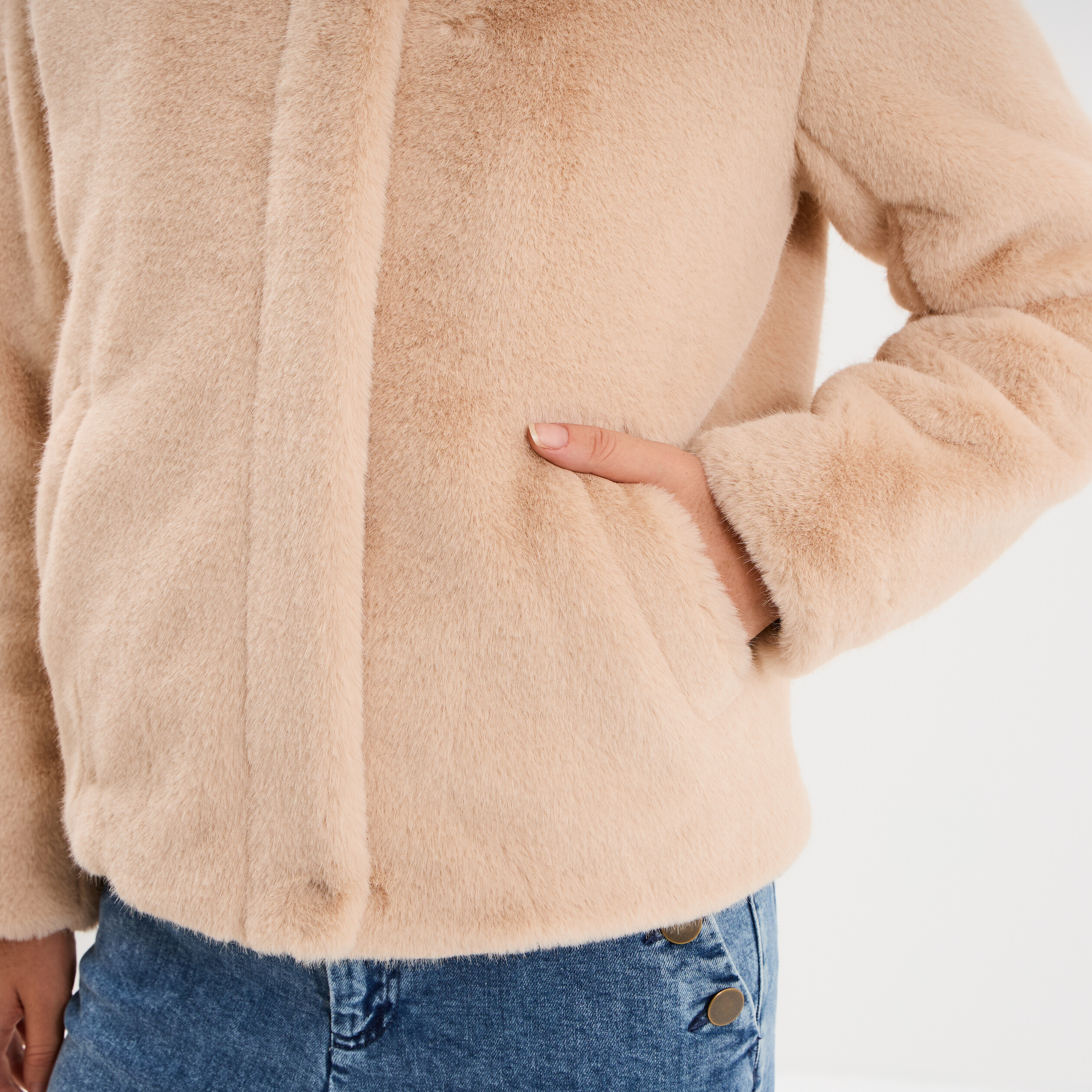Veste fausse fourrure col montant beige femme
