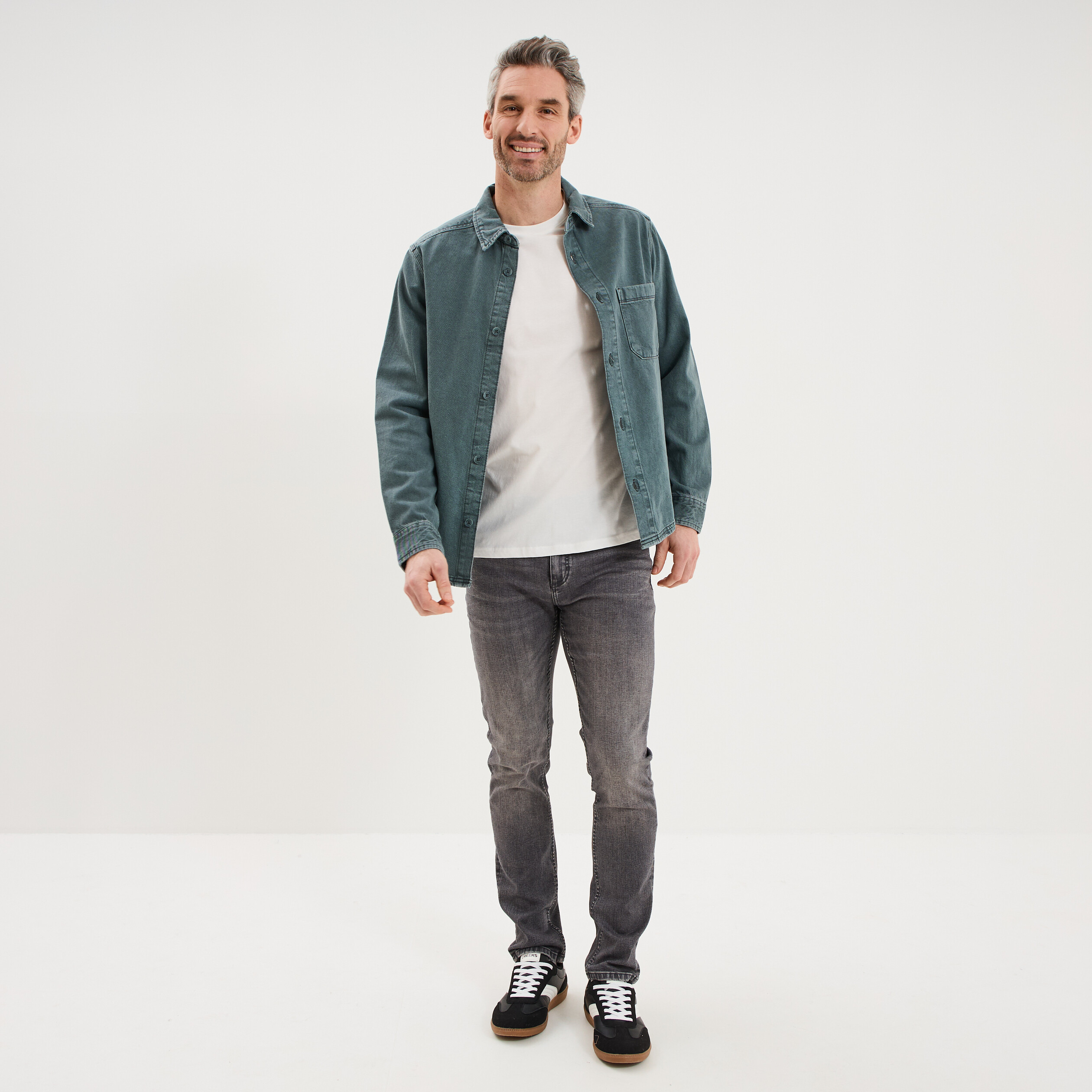 Surchemise en jean coton d&eacute;lav&eacute; vert fonc&eacute; homme