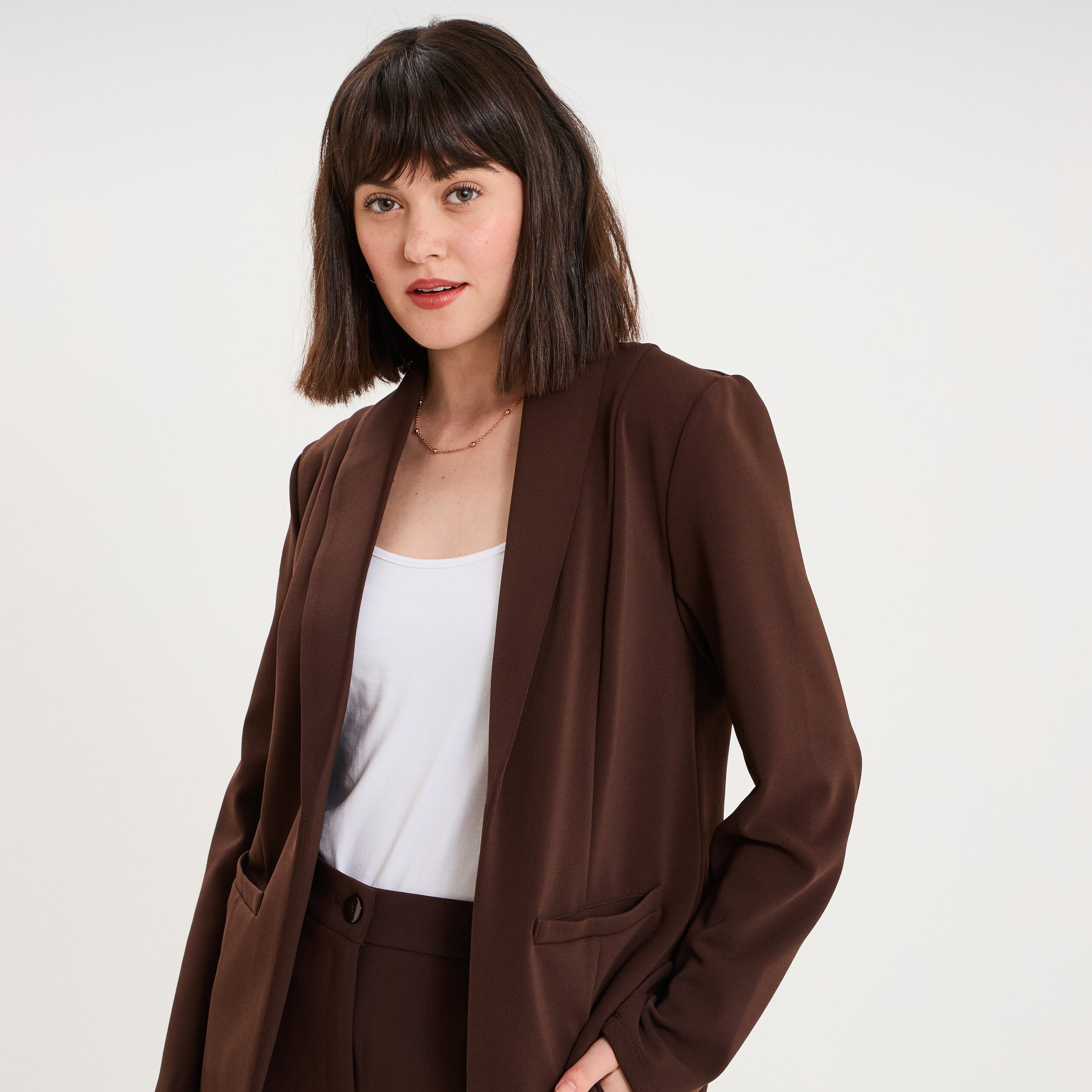 Blazer col tailleur manches longues marron fonc&eacute; femme