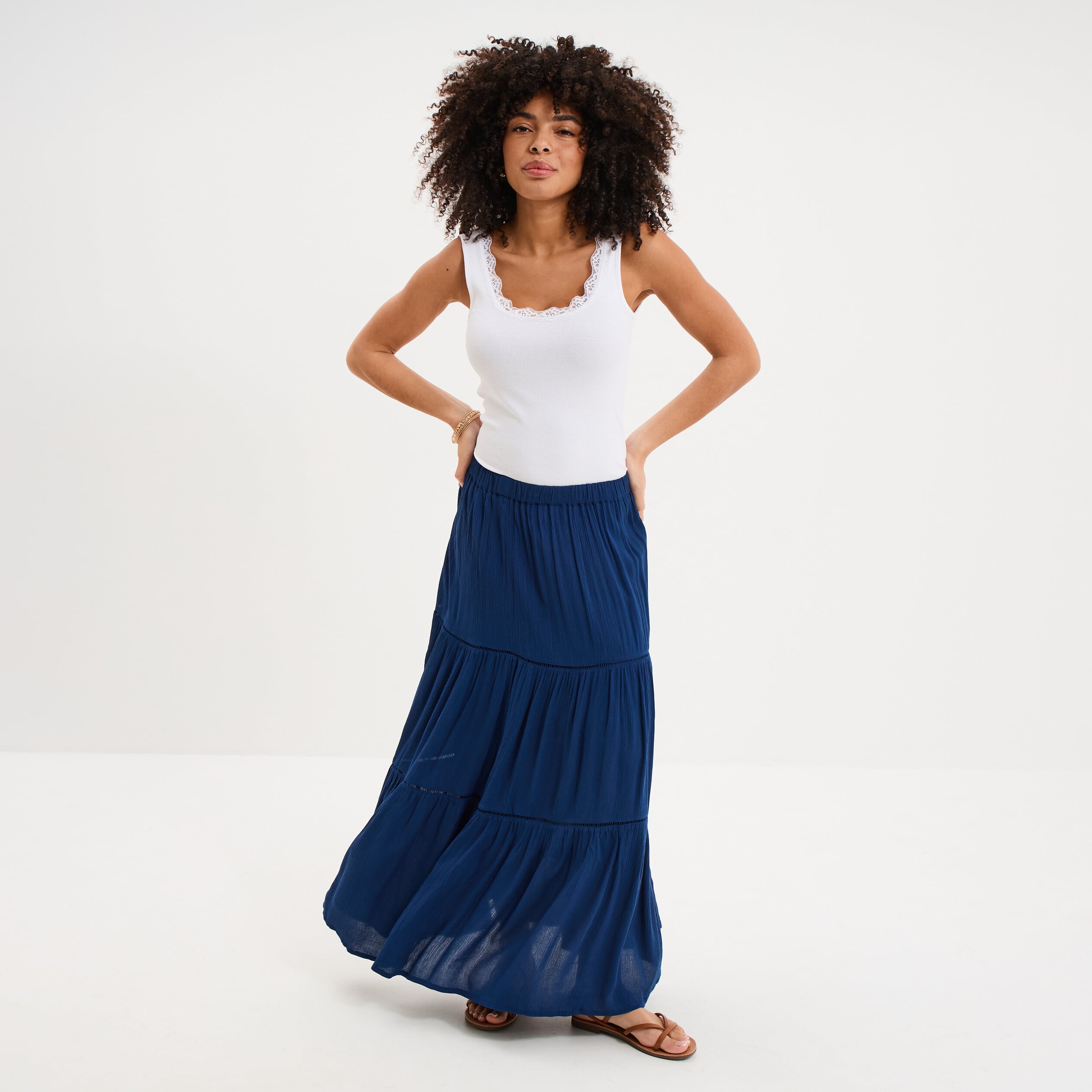 Jupe longue fluide taille &eacute;lastiqu&eacute;e bleu marine femme