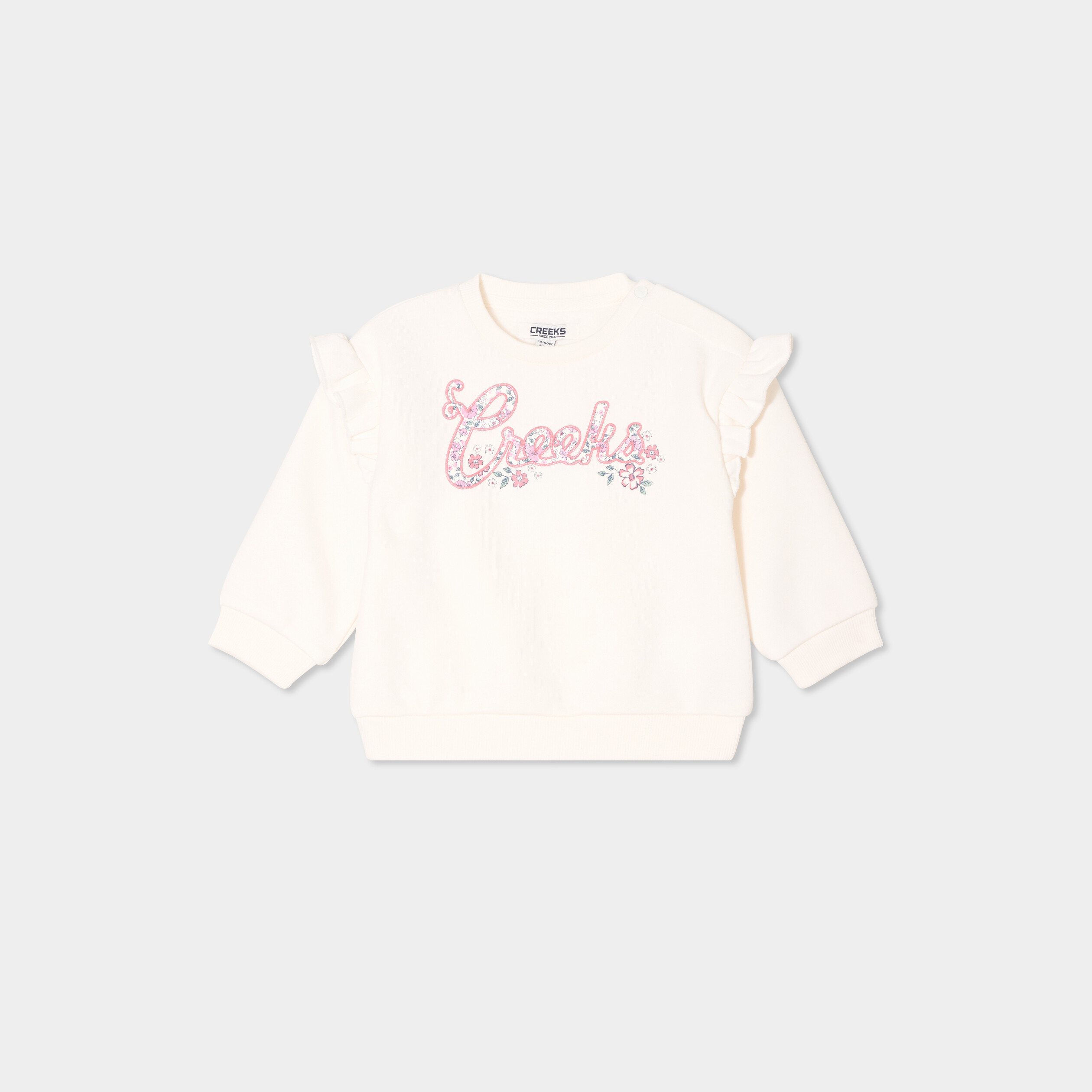 Sweat volants et d&eacute;tails brod&eacute;s Creeks creme b&eacute;b&eacute; fille
