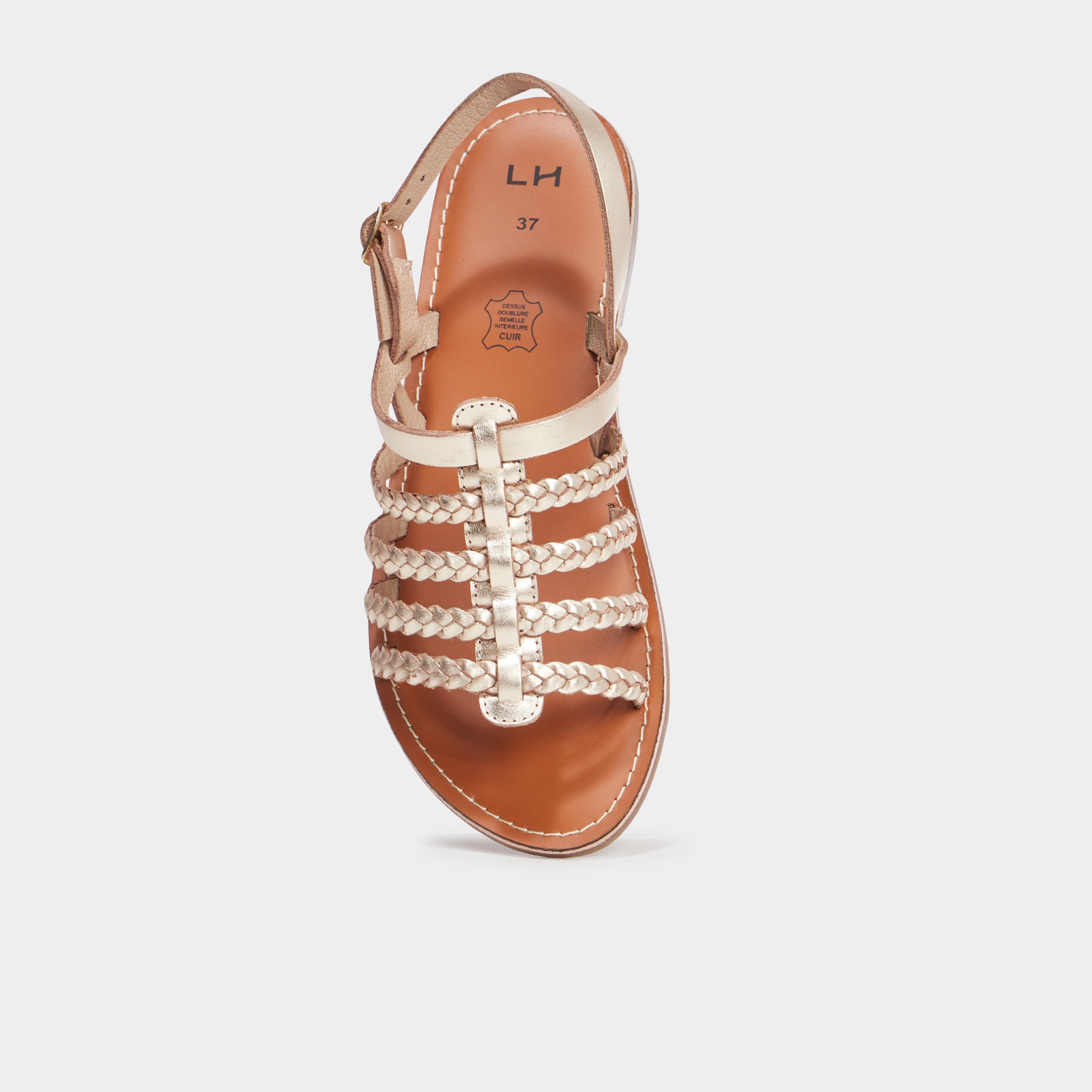 Sandales brides tress&eacute;es en cuir jaune or femme