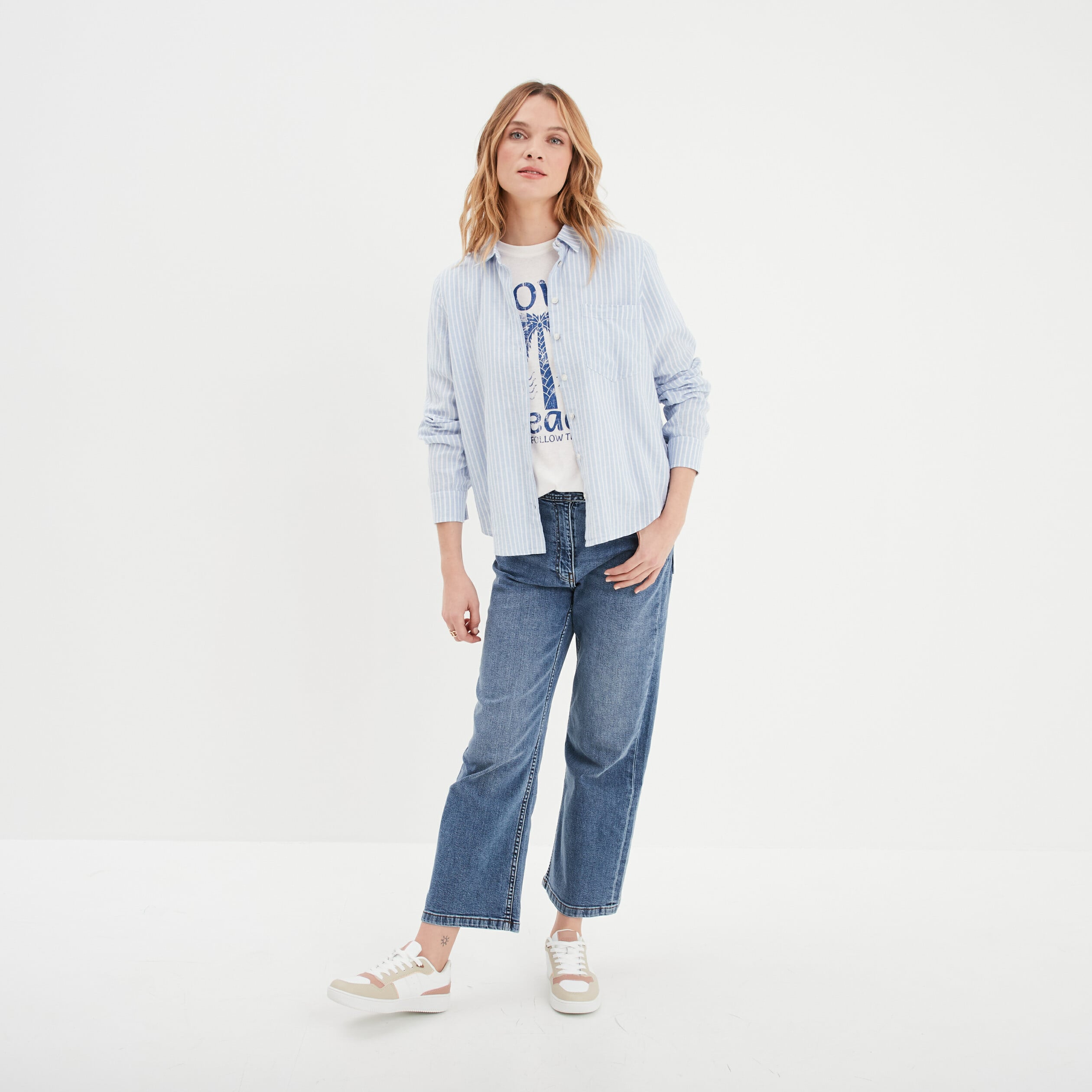Chemise en lin m&eacute;lang&eacute; bleu lavande femme