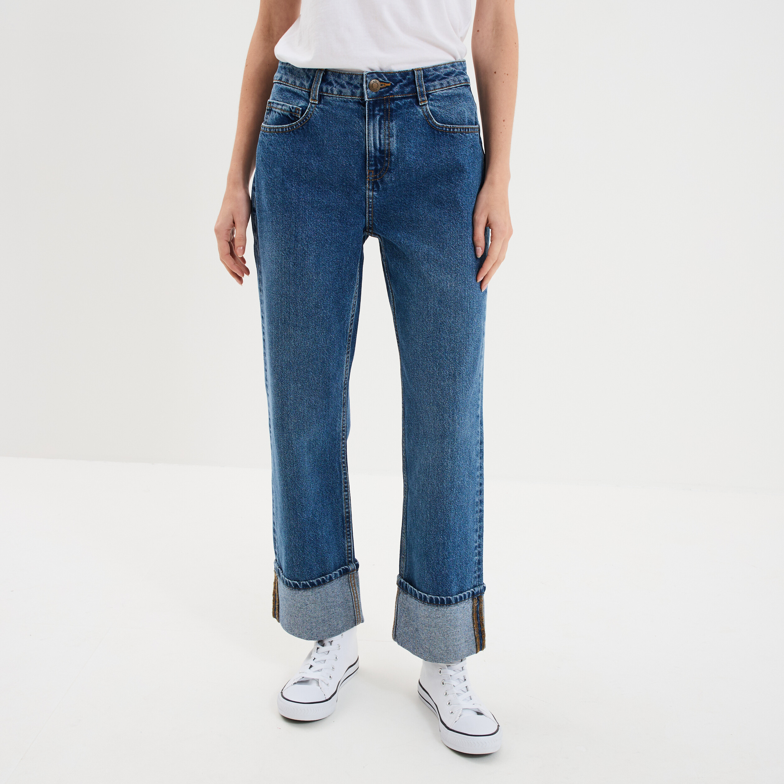 Jean droit cropped bas revers denim stone femme