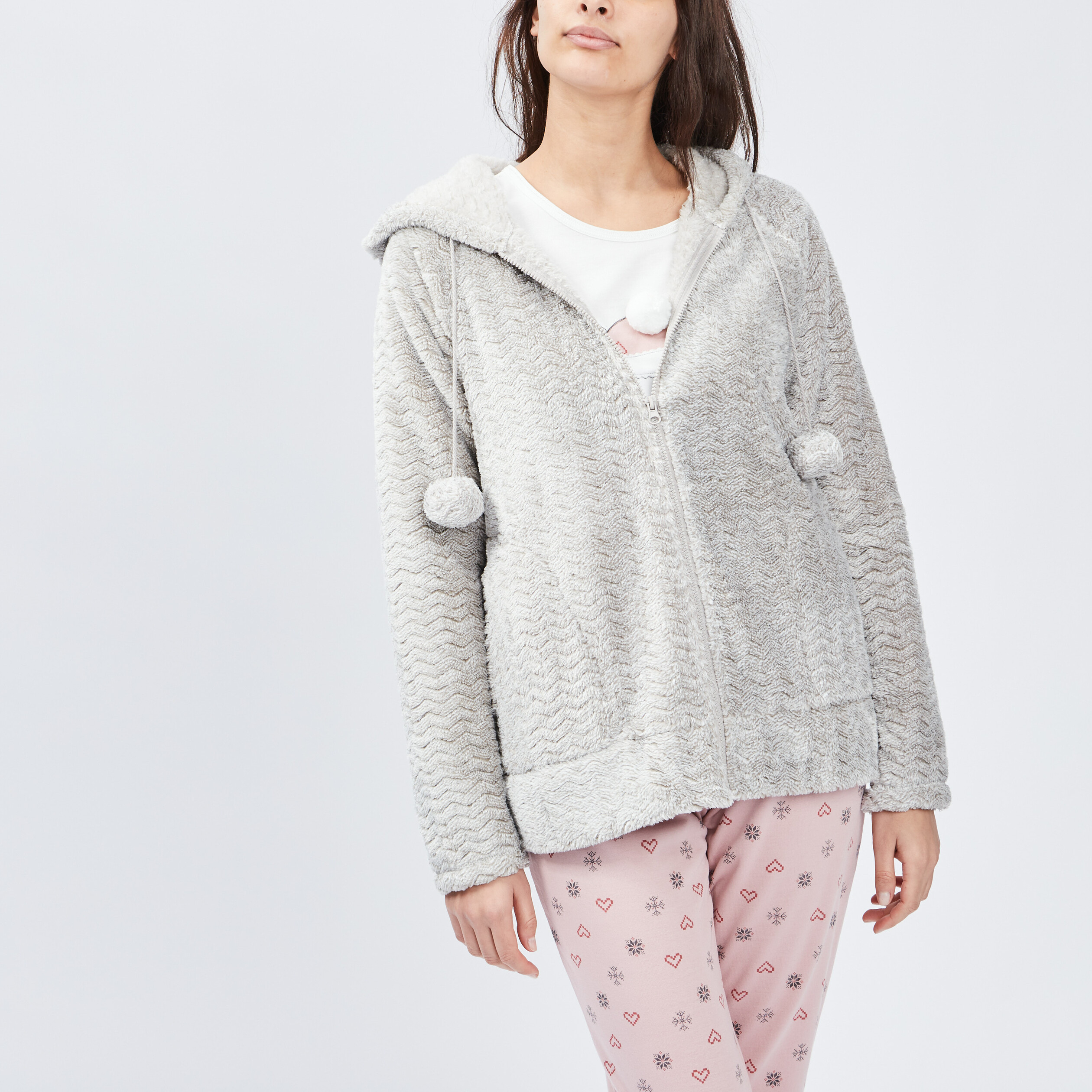 Veste de pyjama plaid à capuche gris femme