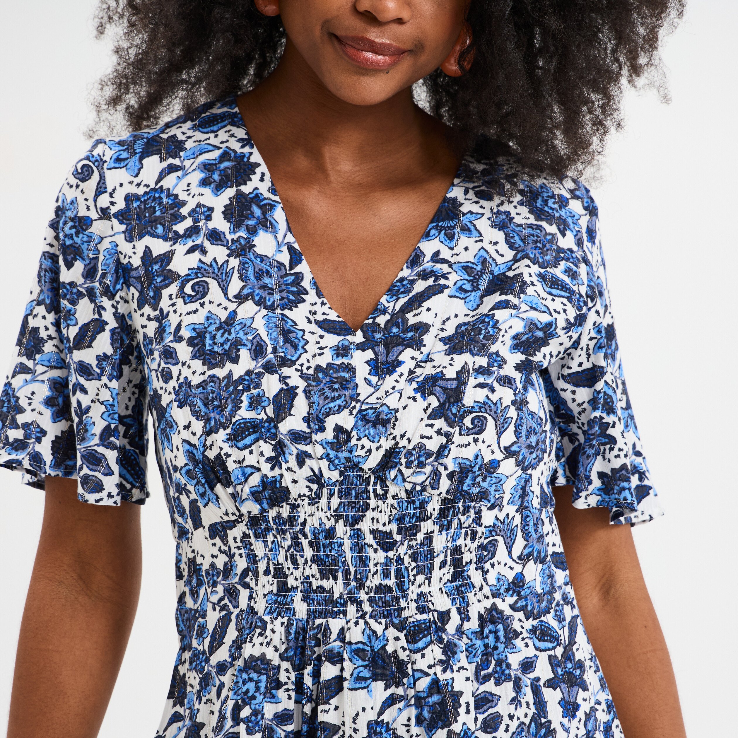 Robe col en V taille smockée Creeks blanc femme