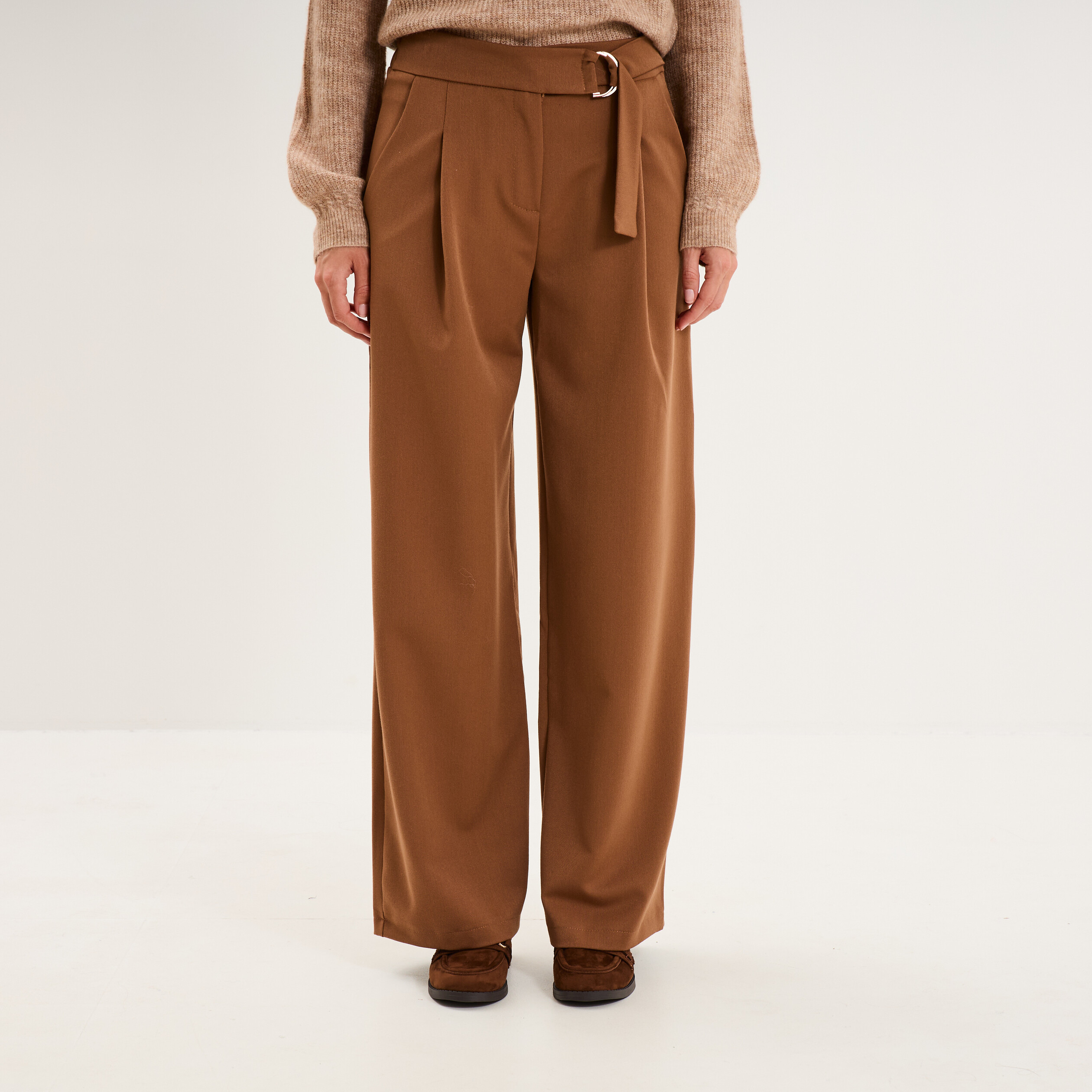Pantalon large fluide avec ceinture marron clair femme