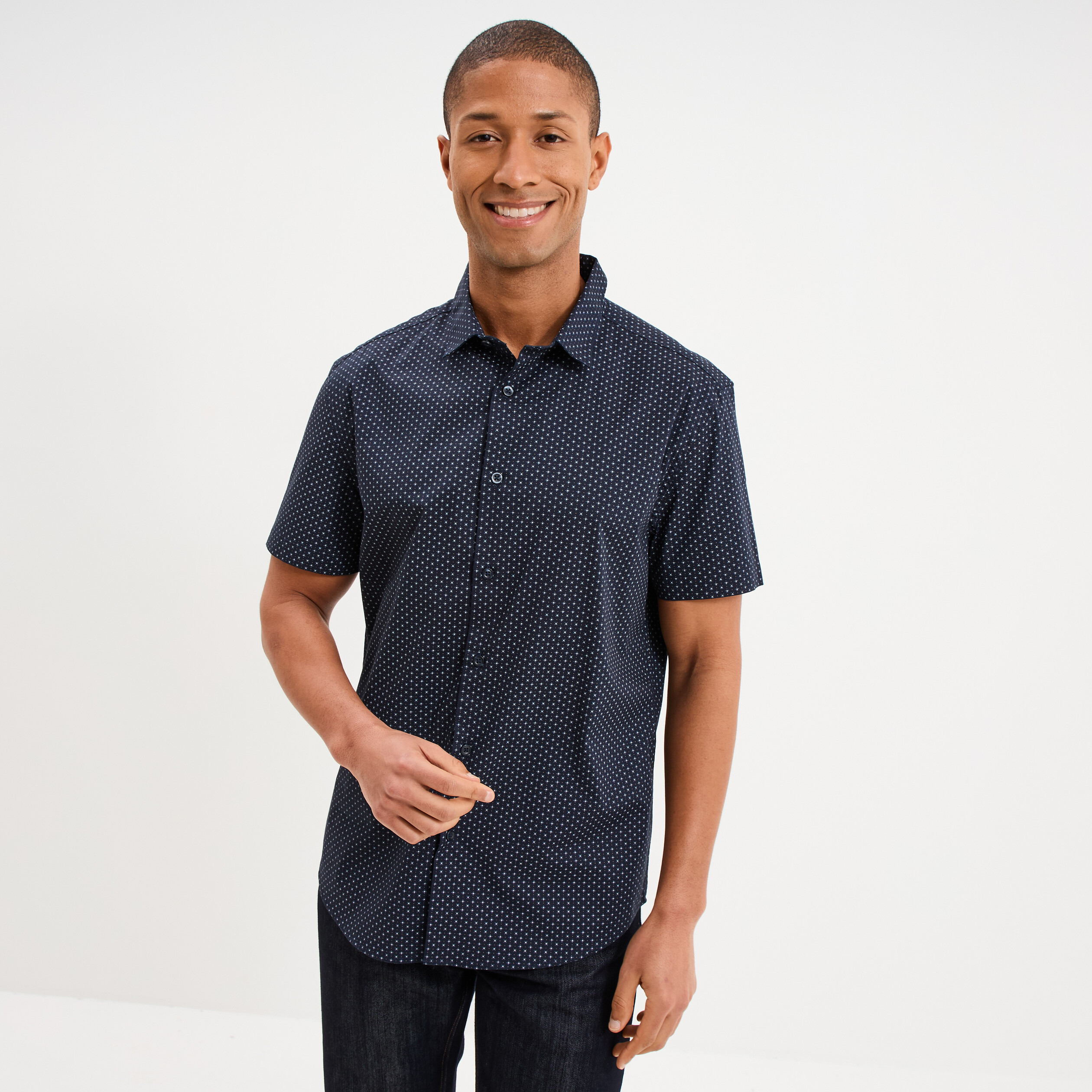 Chemise manches courtes coton bleu marine homme