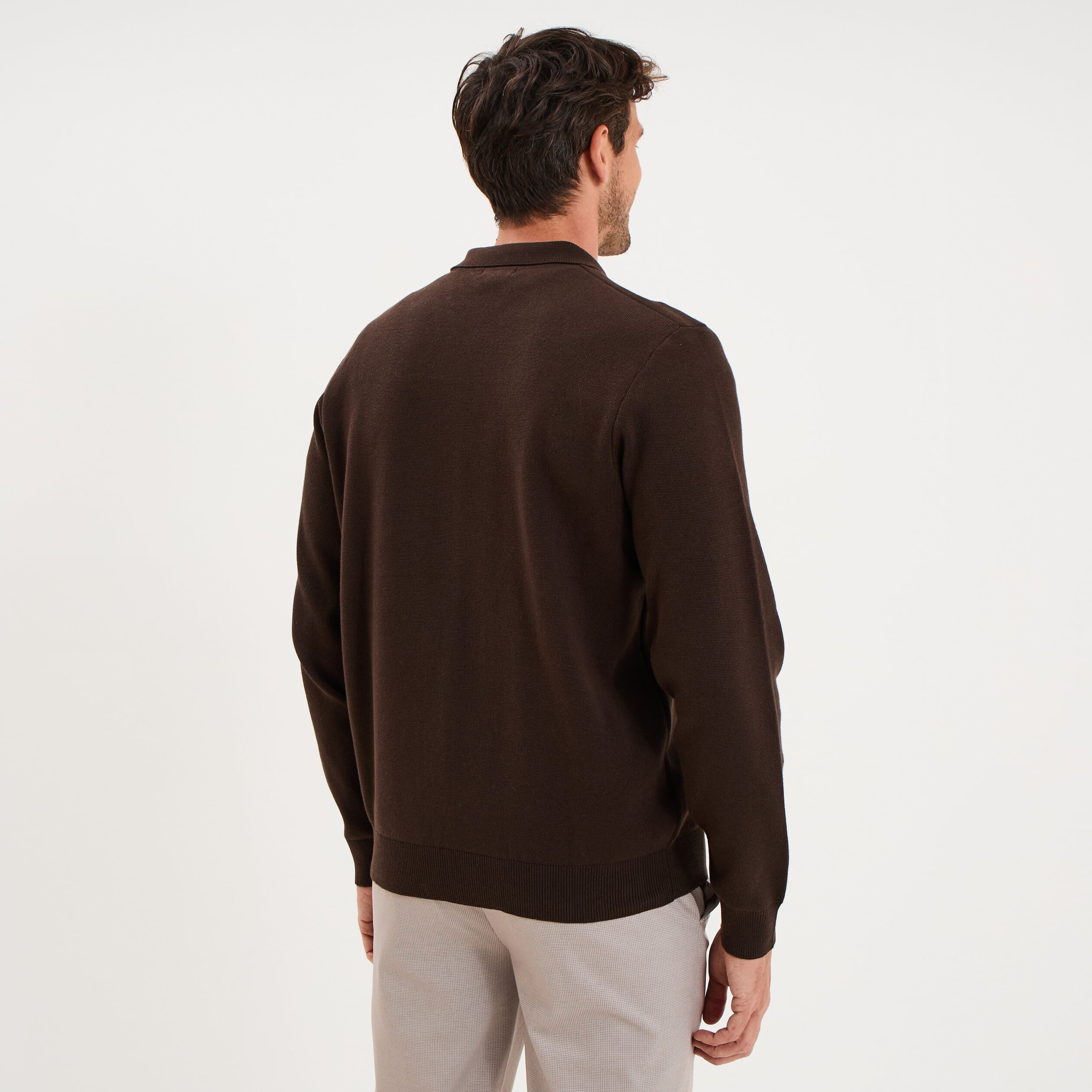 Gilet zipp&eacute; en maille manches longues marron fonc&eacute; homme
