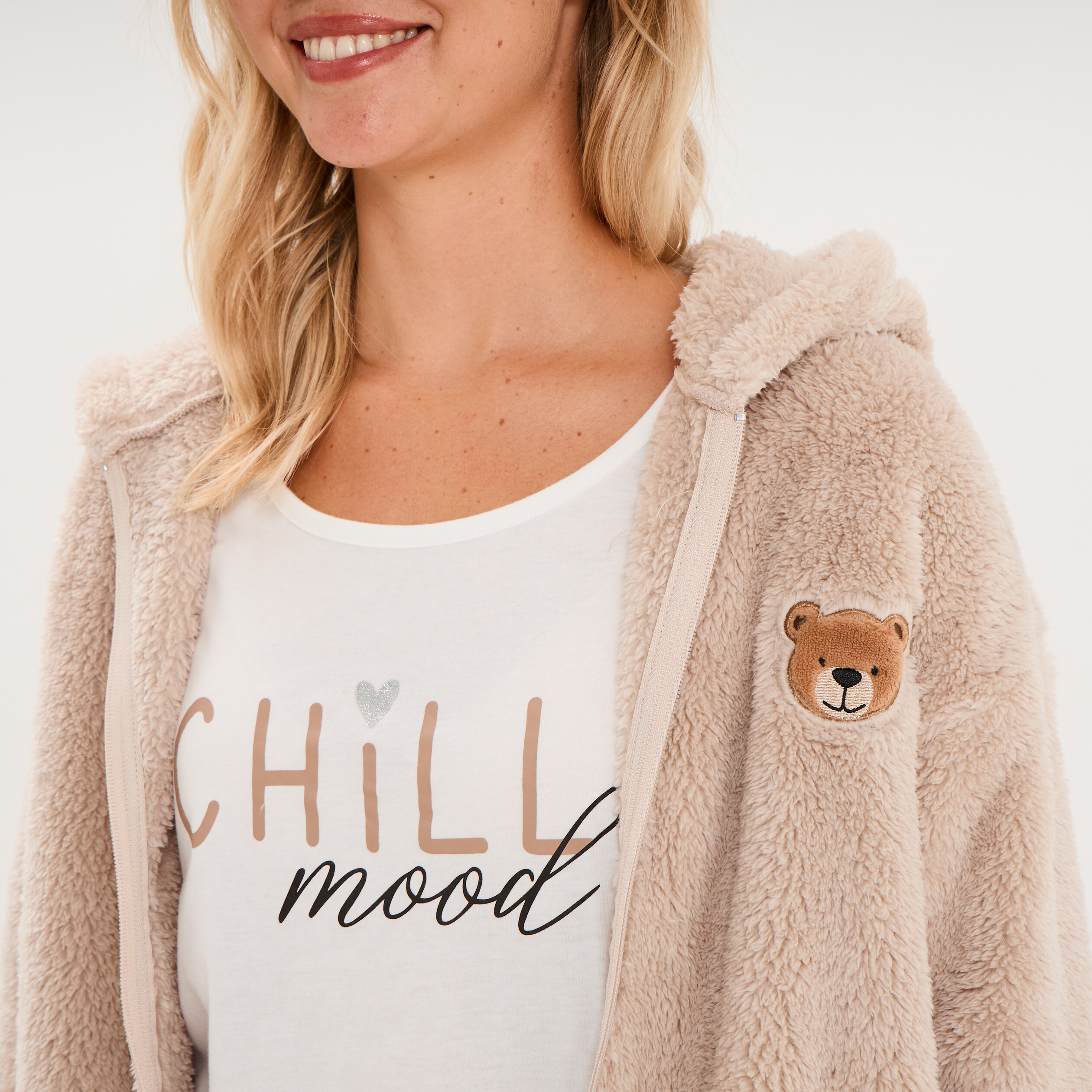 Ensemble pyjama 3 pi&egrave;ces veste polaire ecru femme