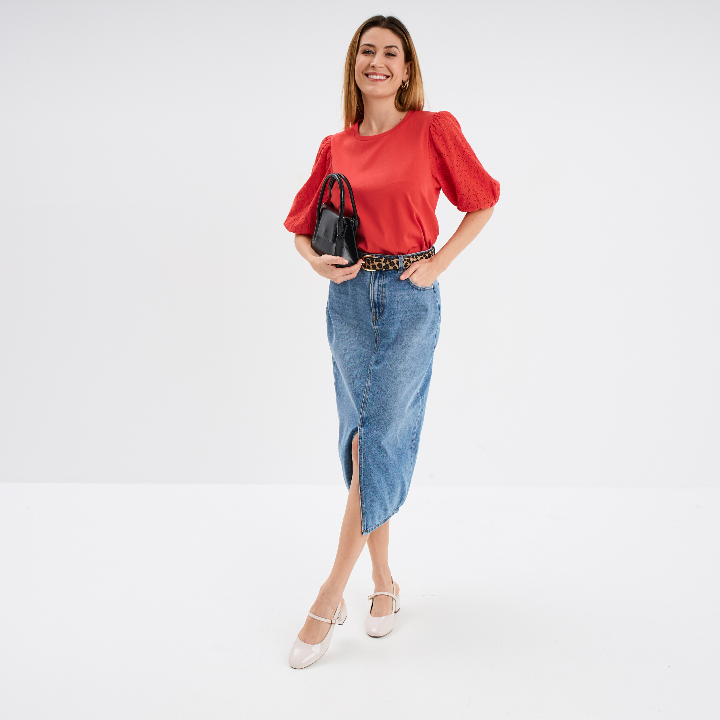 t shirt coton manches broderie anglaise rouge femme T-shirt coton manches broderie anglaise rouge femme