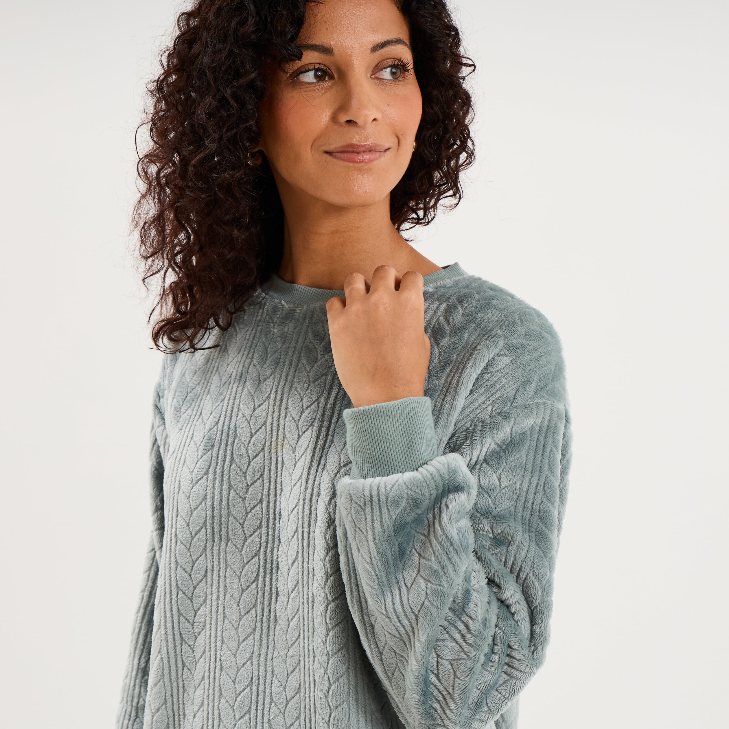 Haut de pyjama sweat polaire torsad&eacute; bleu gris femme