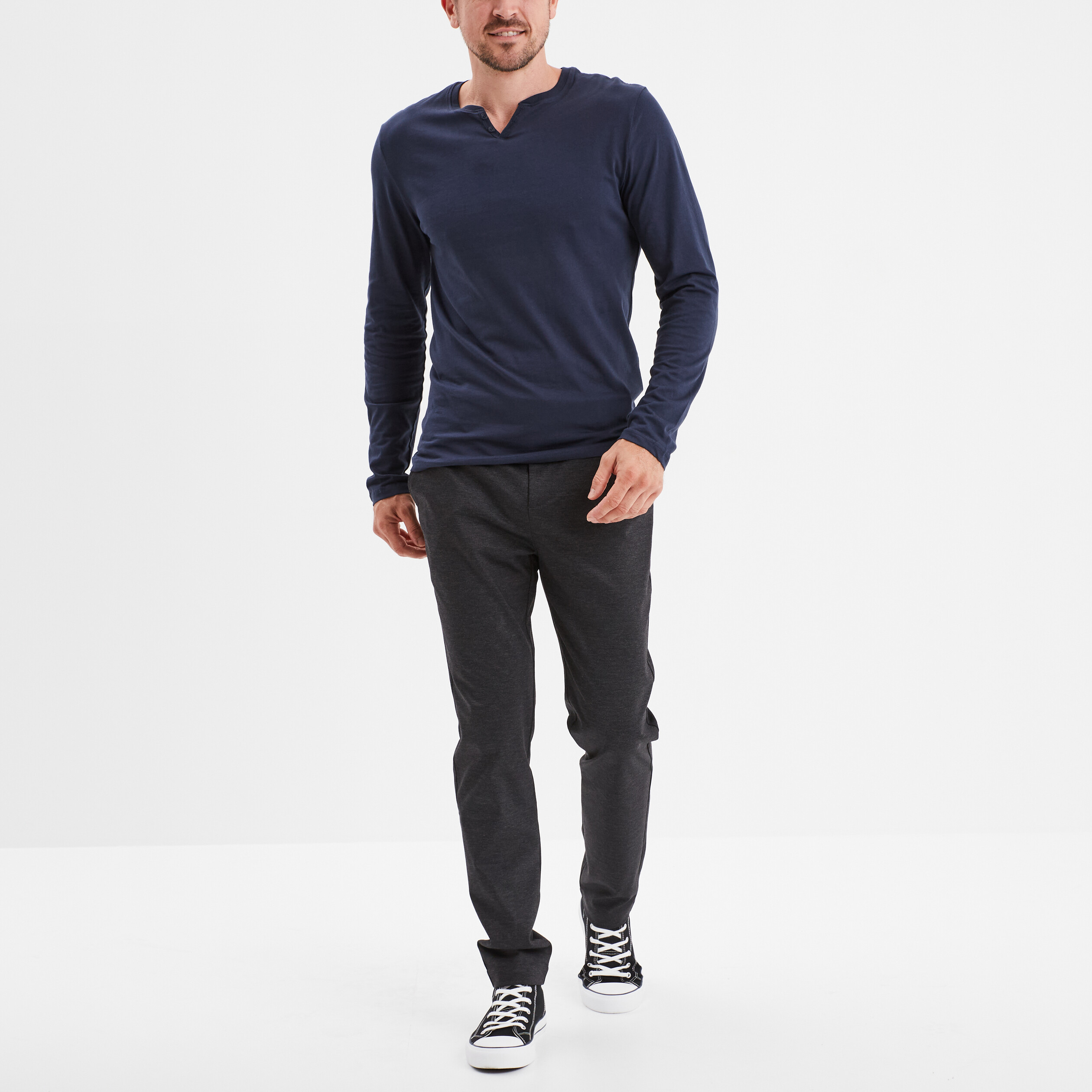 T-shirt col tunisien manches longues bleu marine homme