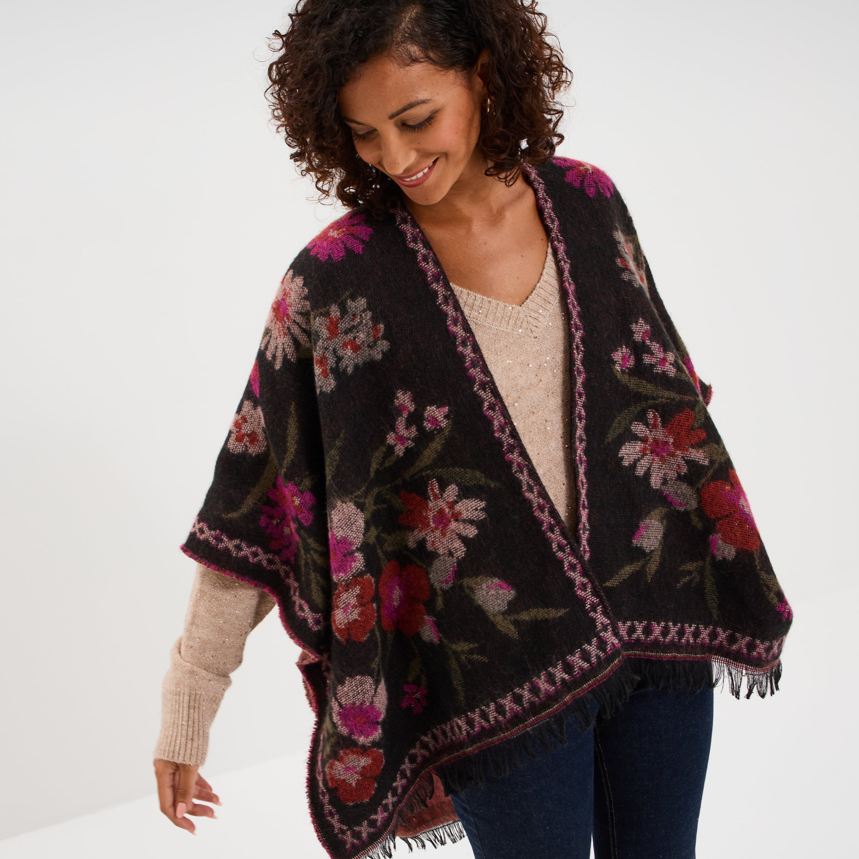 Poncho mi-long avec franges multicolore femme