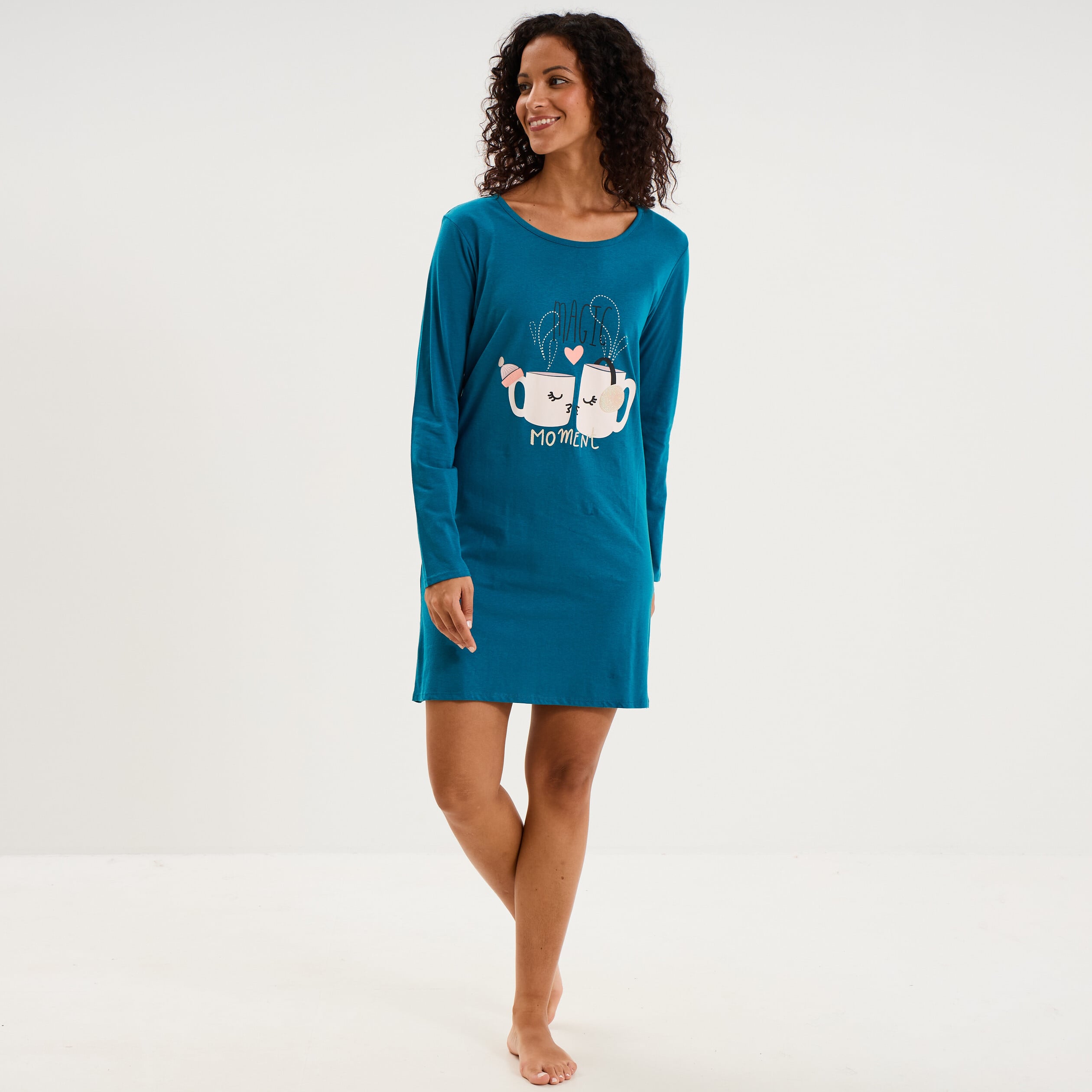 Chemise de nuit courte coton bleu canard femme