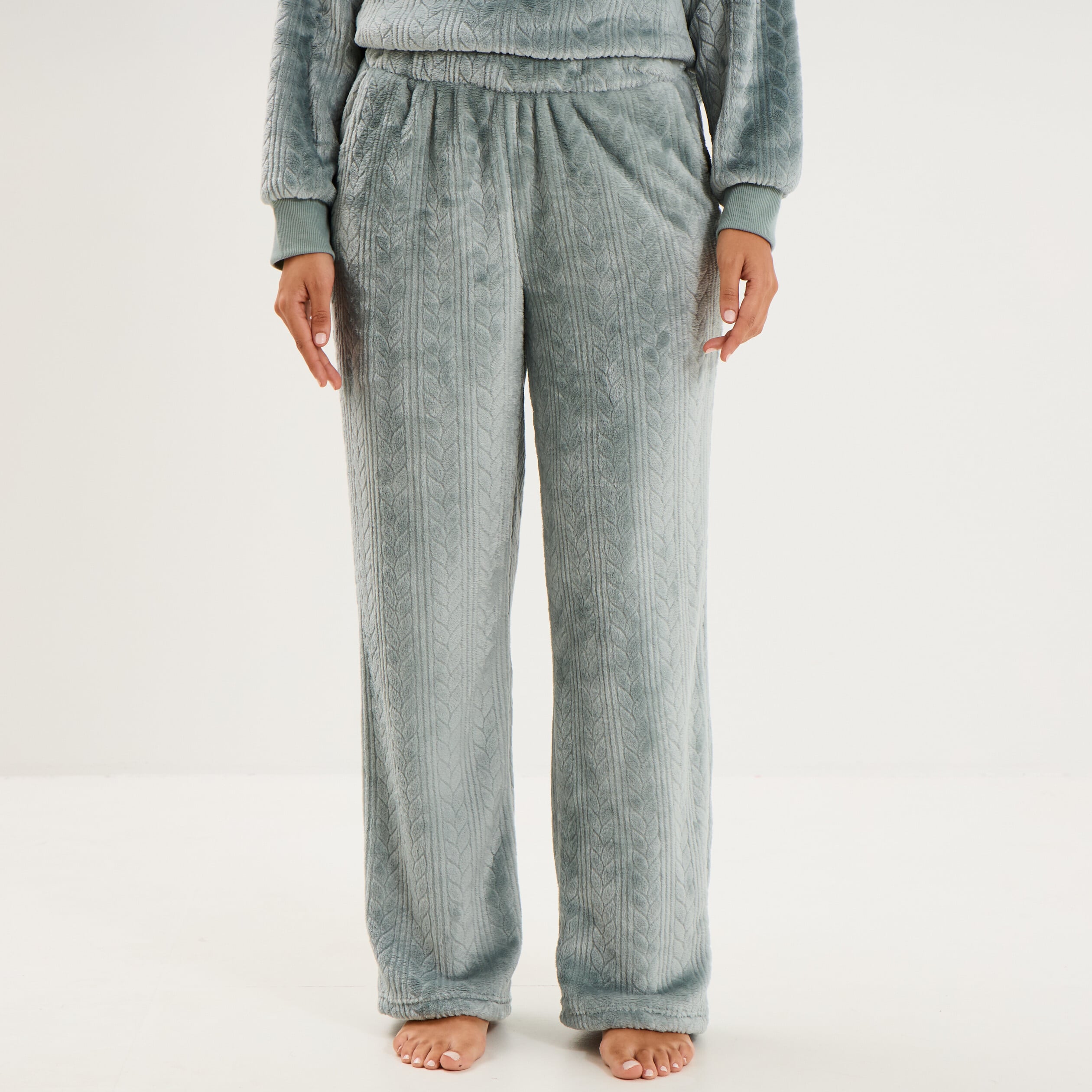 Pantalon effet polaire d&eacute;tails torsades bleu gris femme