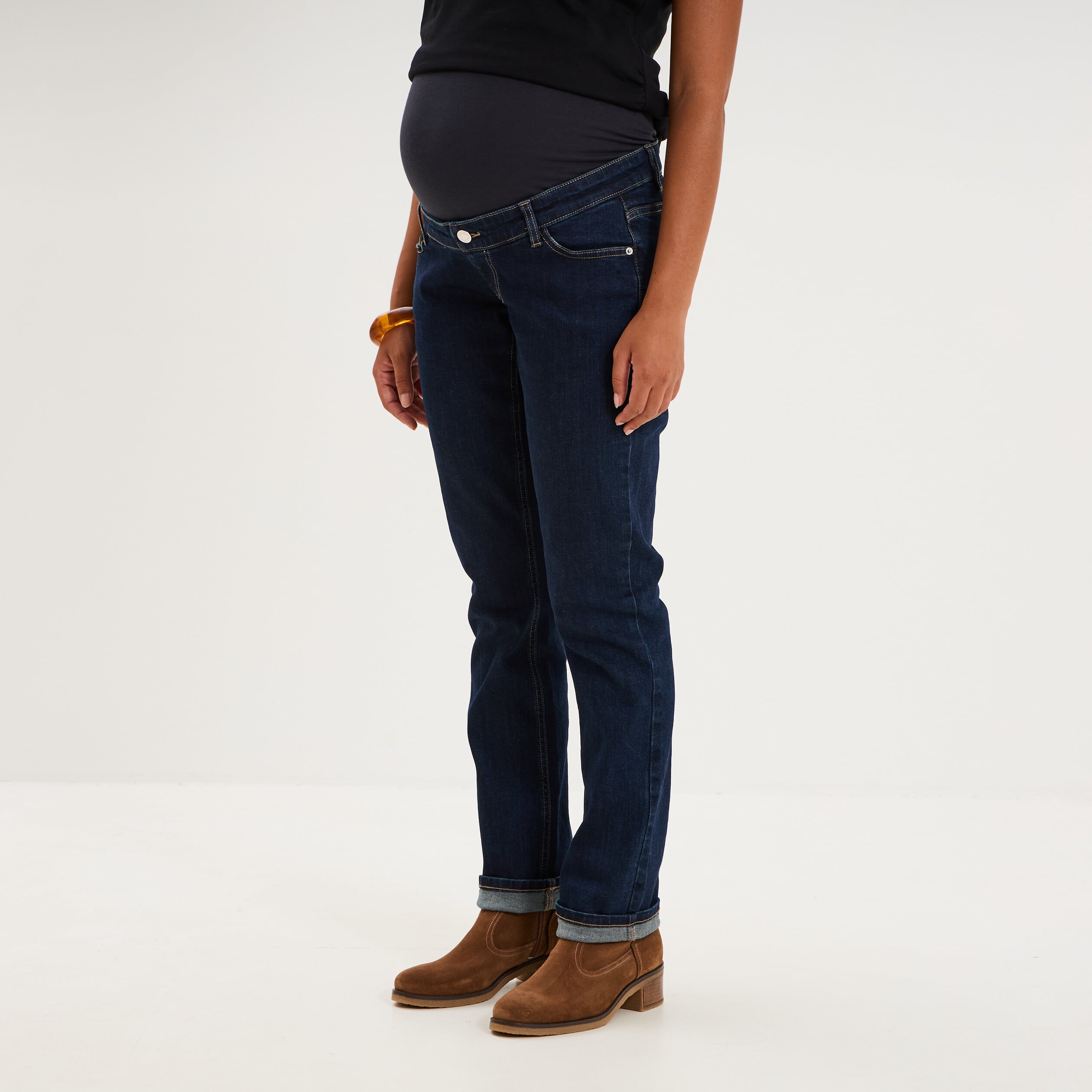 Jeans grossesse droit avec bandeau denim brut femme maternit&eacute;
