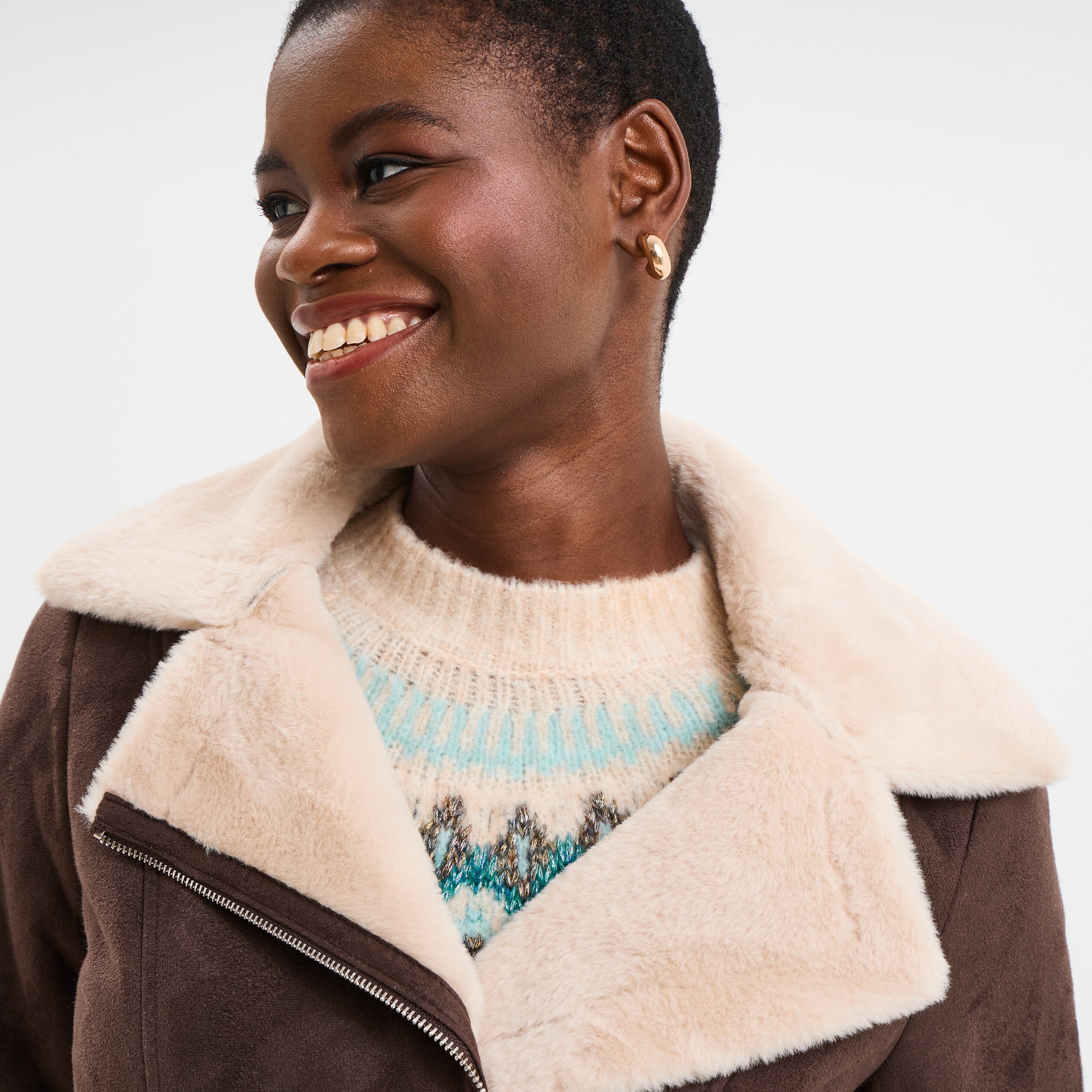 Veste col aviateur zipp&eacute;e doubl&eacute;e marron fonc&eacute; femme