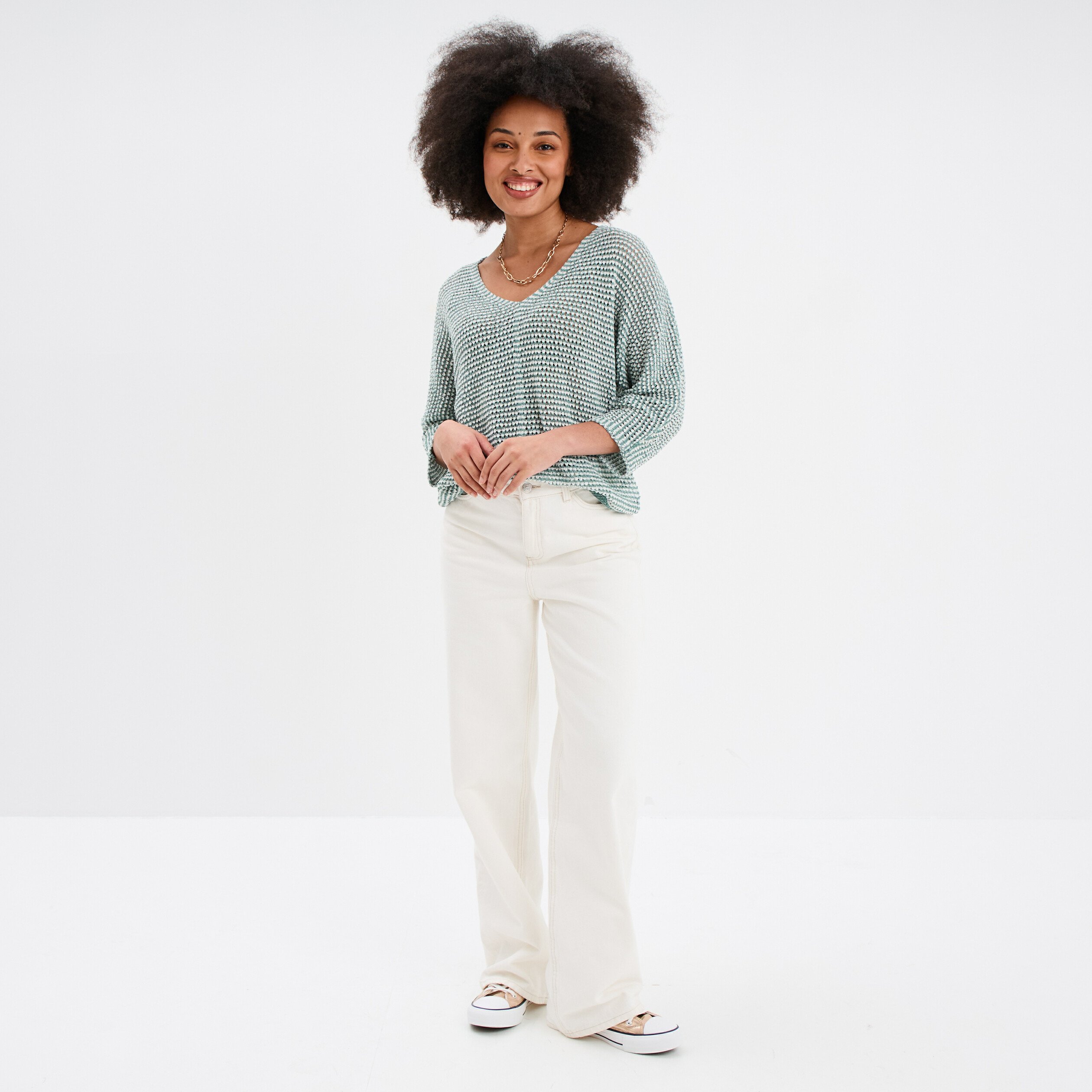 pull ajoure effet crochet manches 34 bleu gris femme Pull ajouré effet crochet manches 3/4 bleu gris femme