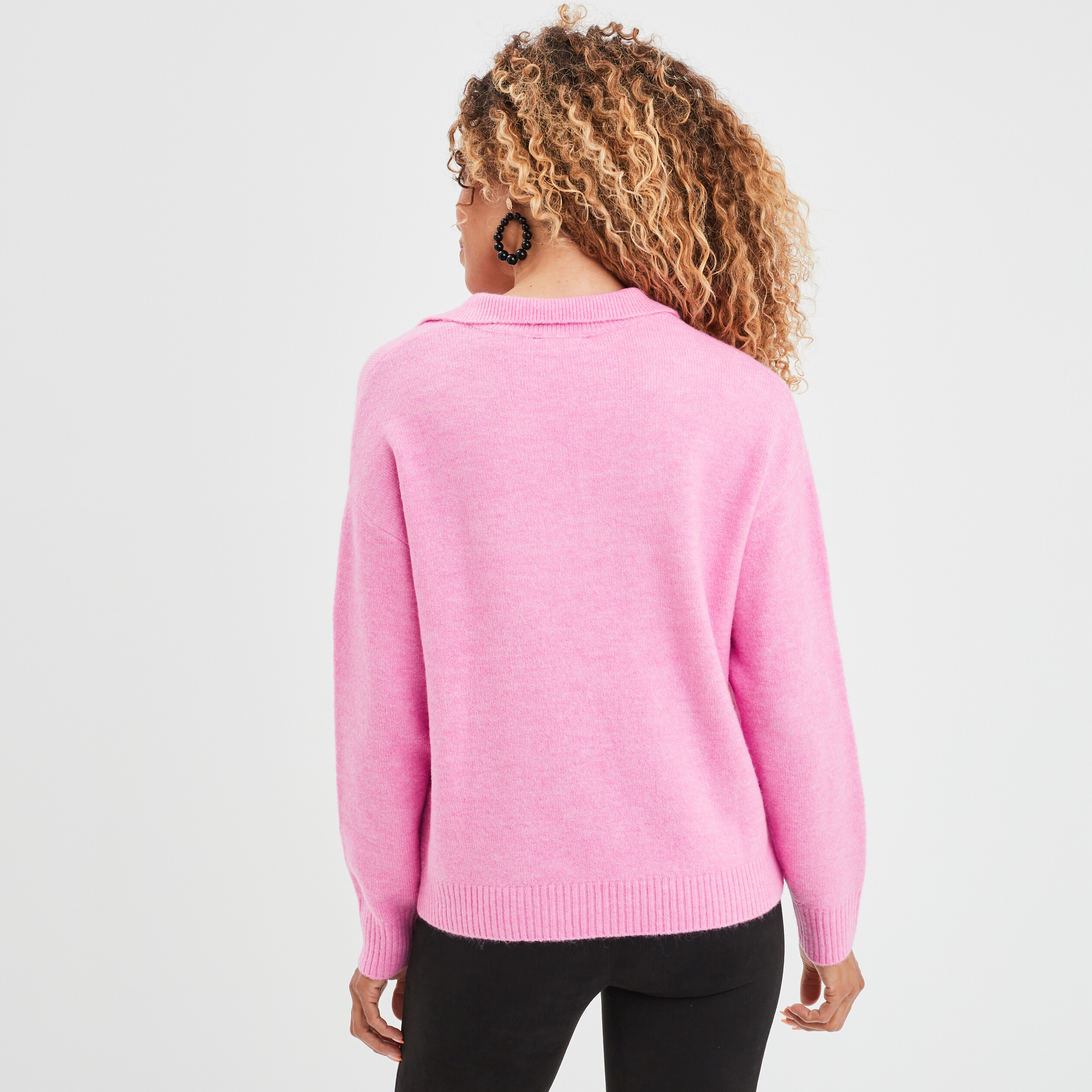 Pull col polo manches longues rose femme