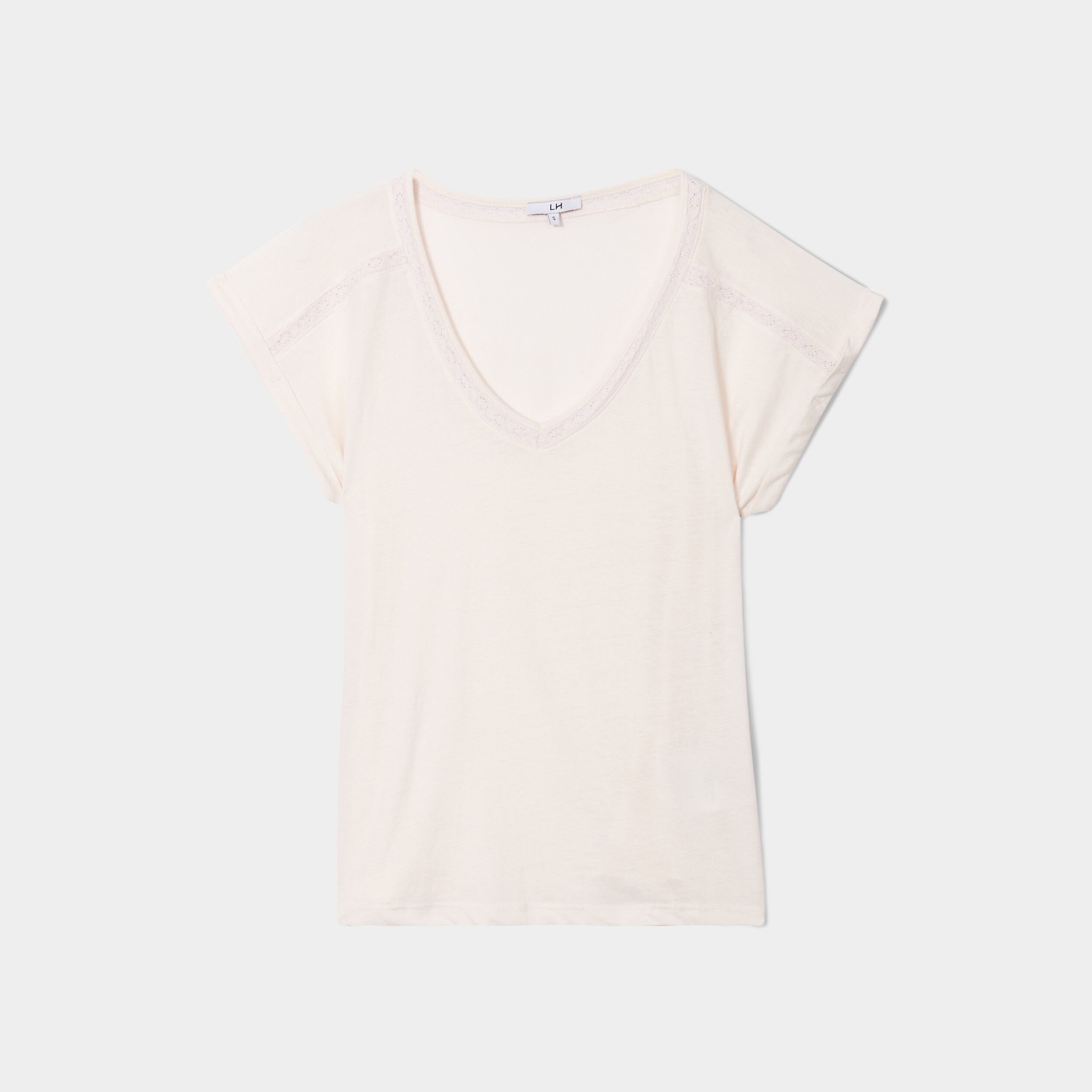 T-shirt col en V à bandes dentelle beige femme