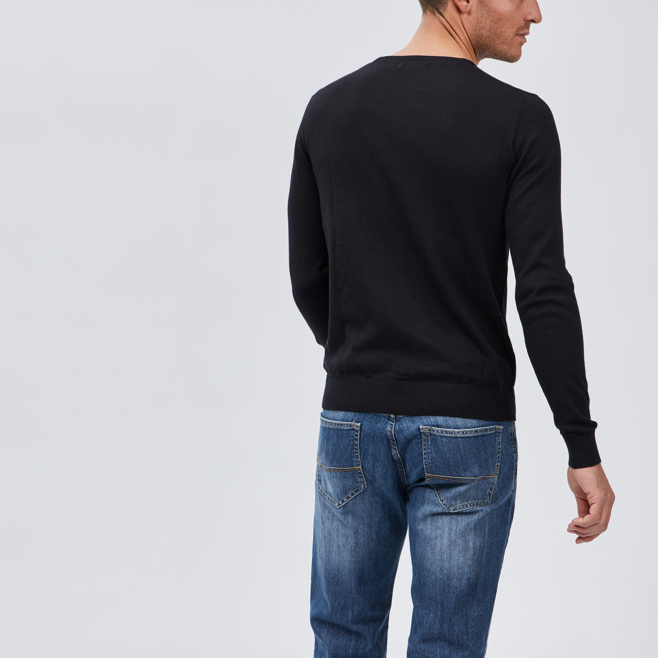 Pull droit col rond coton m&eacute;lang&eacute; noir homme