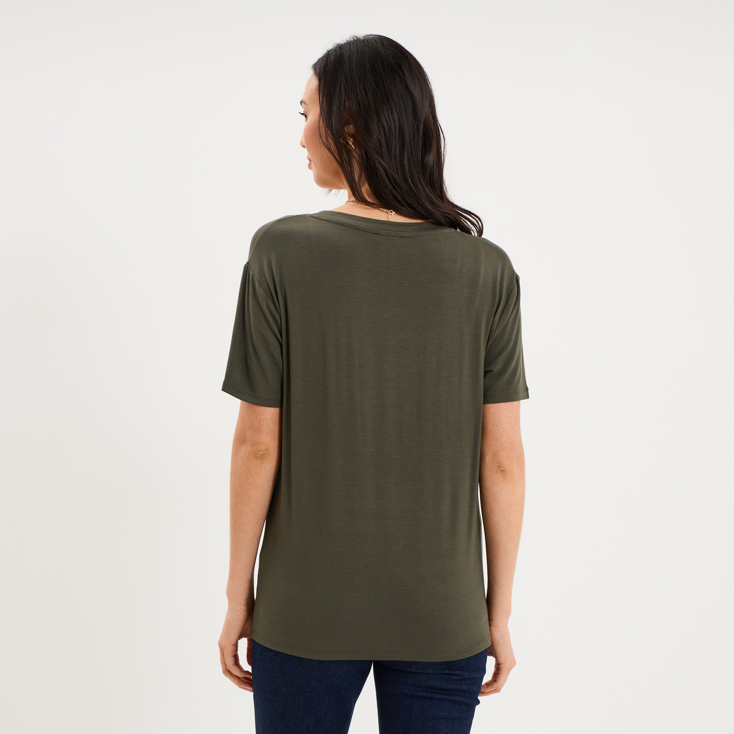 T-shirt fluide col en V manches courtes vert kaki femme