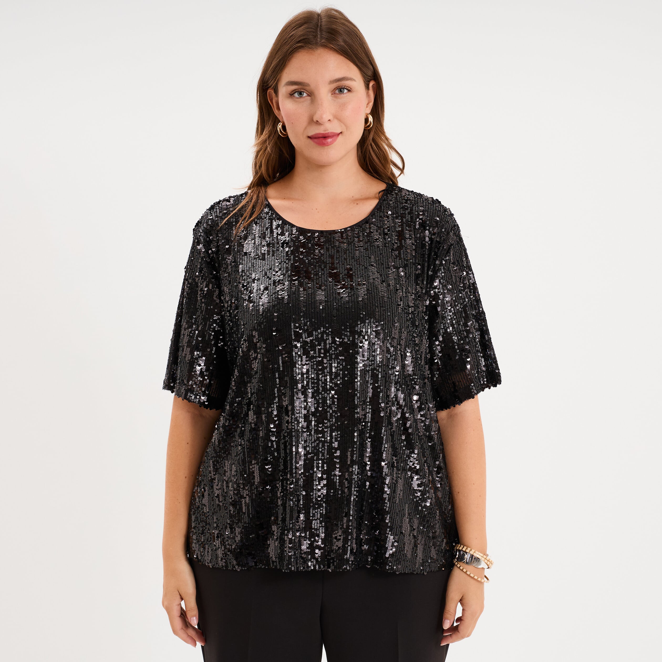 T-shirt sequins manches courtes loose noir femme grande taille