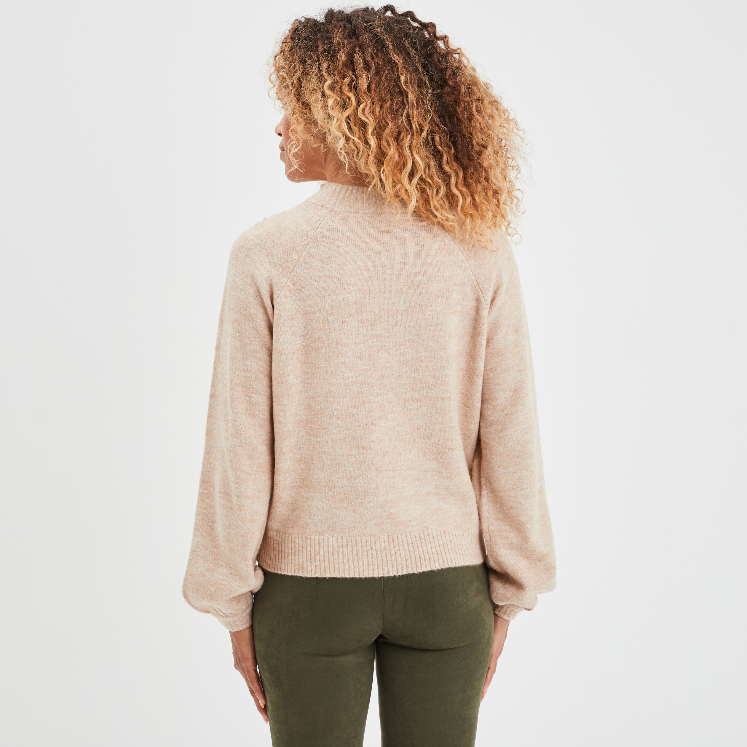 Pull avec perles et manches ballons beige femme