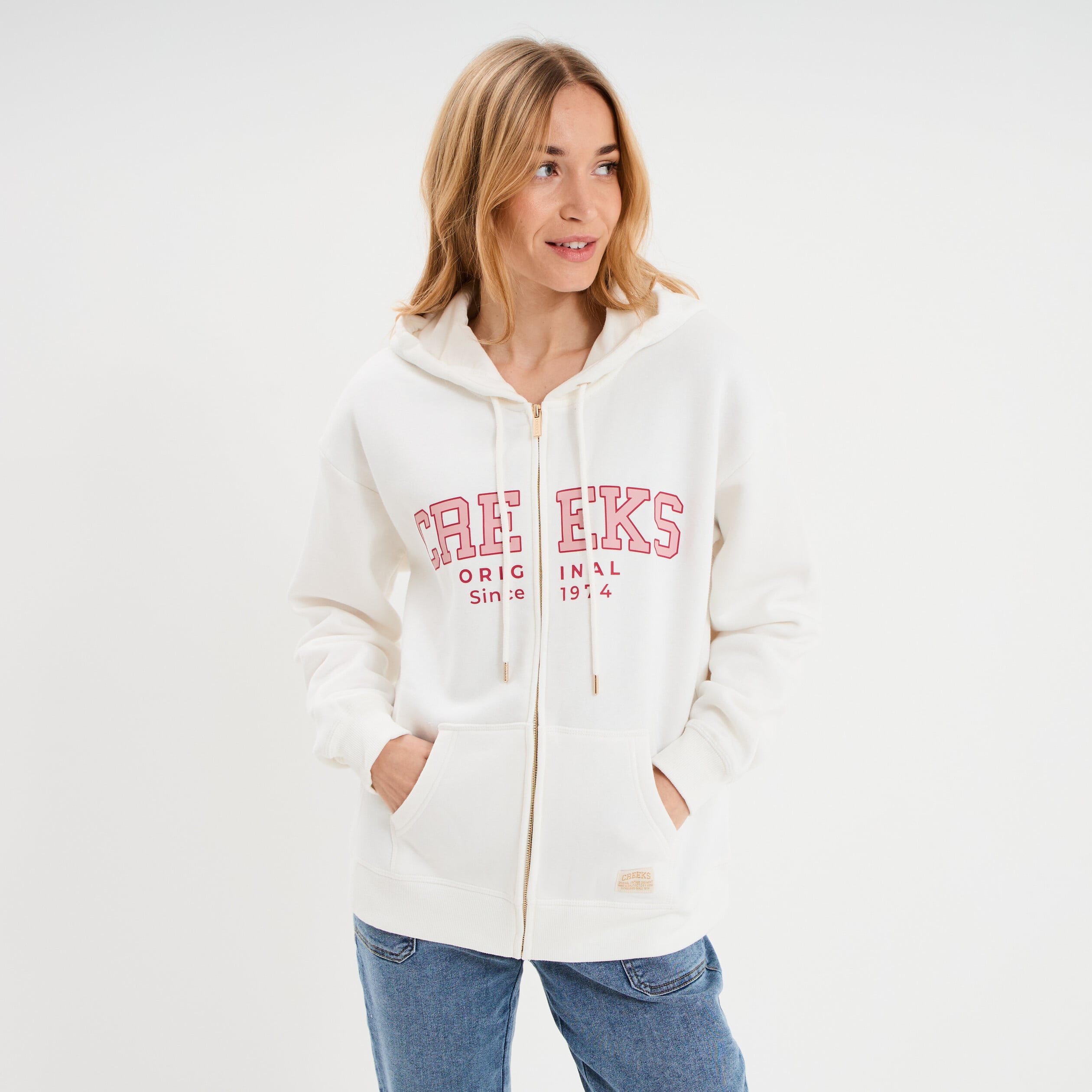 Sweat zipp&eacute; &agrave; capuche blanc femme