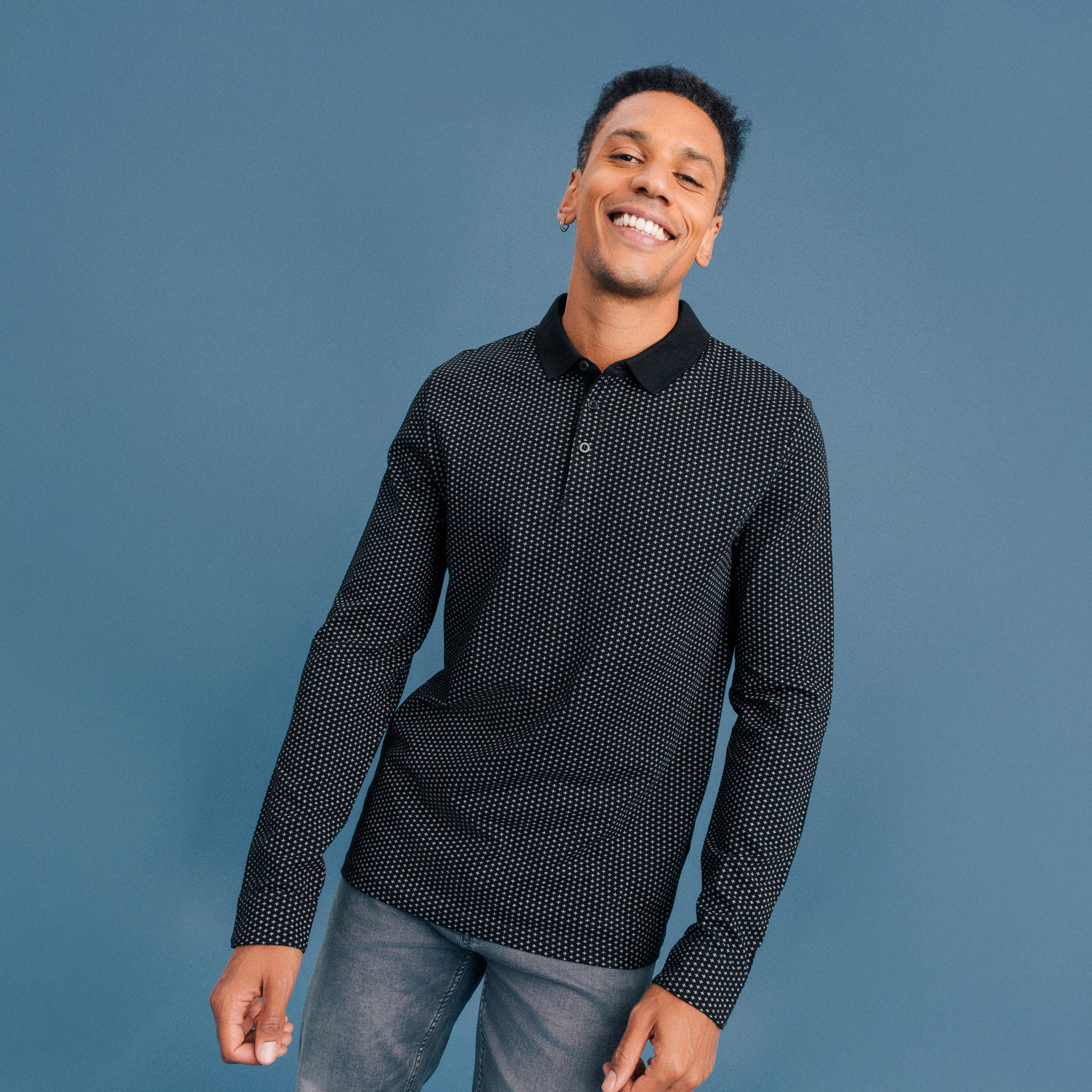 Polo manches longues encolure boutonnée noir homme