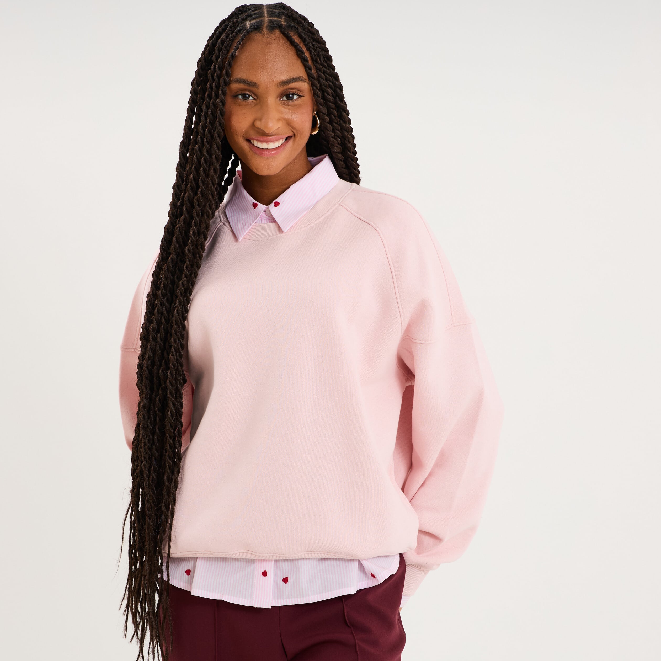 Sweat col rond oversize manches longues rose pastel femme
