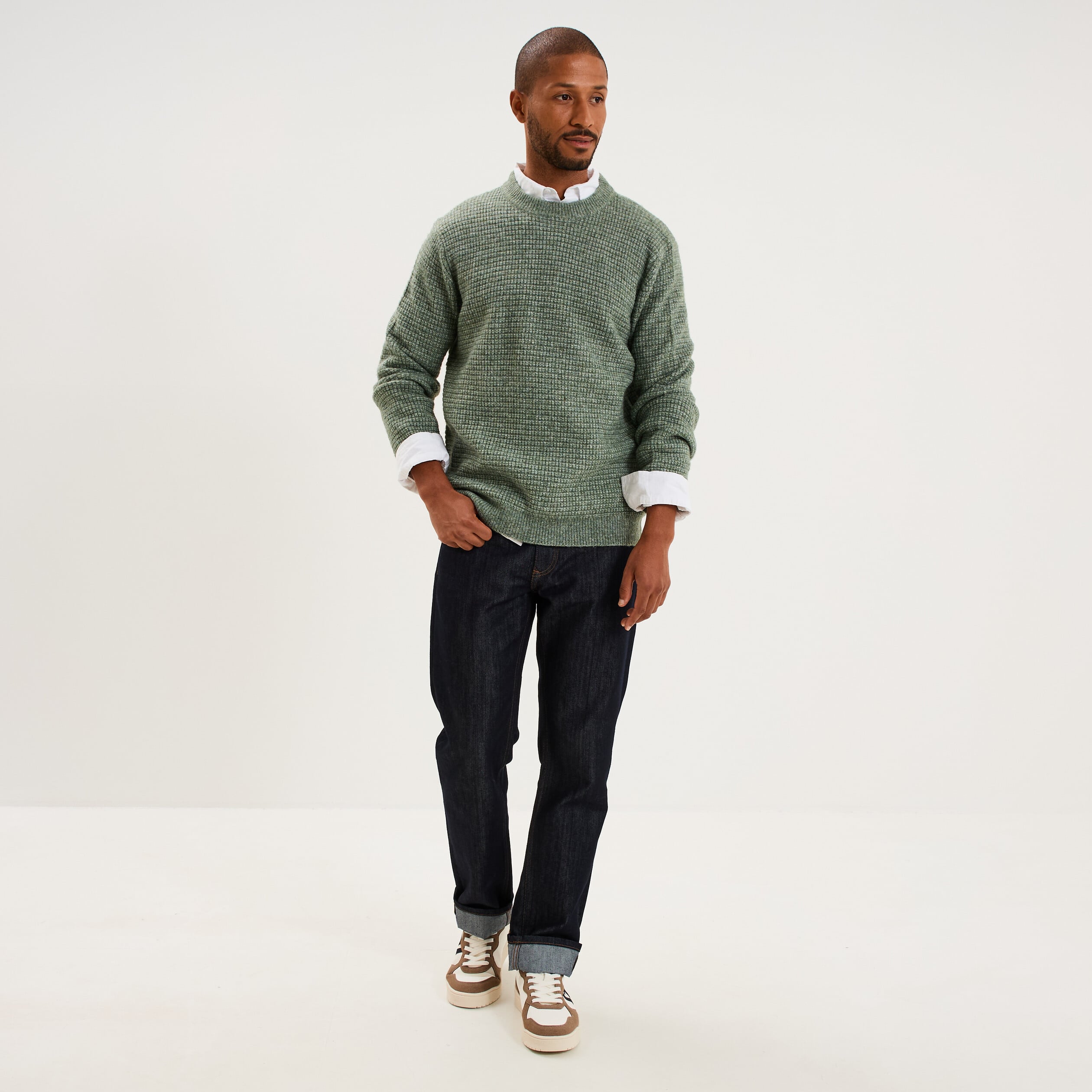 Pull col rond manches longues vert kaki homme