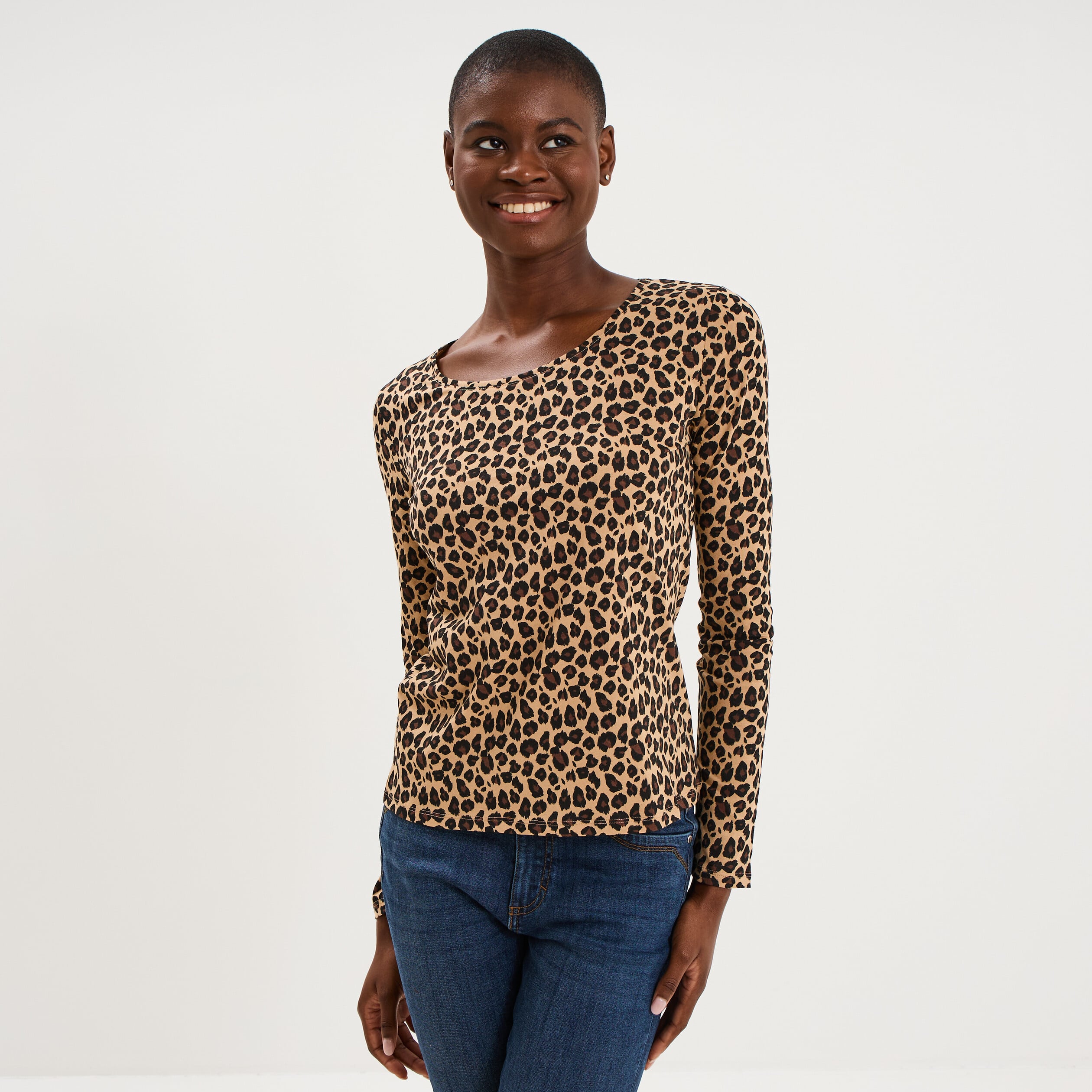T-shirt col rond manches longues coton beige femme