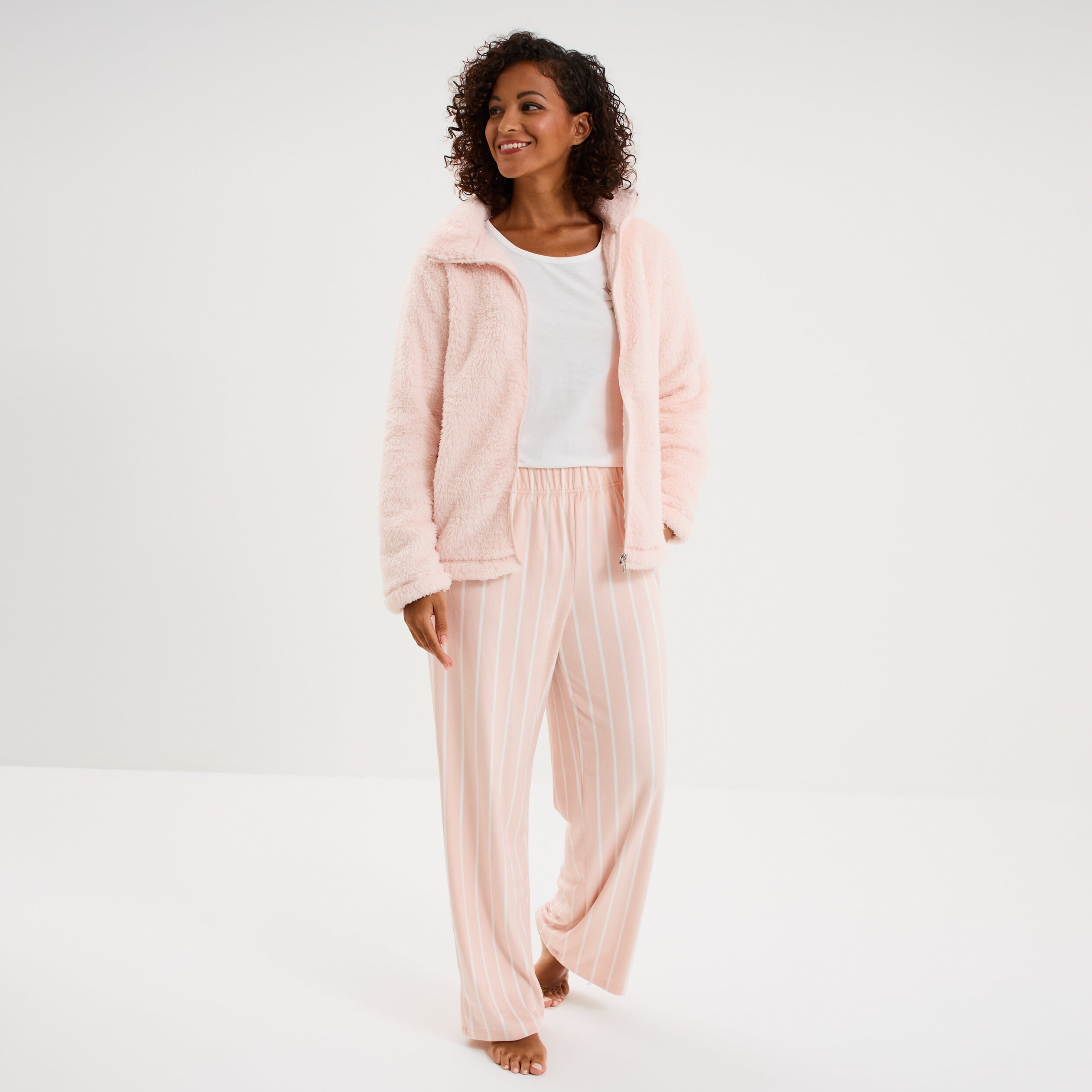 Ensemble pyjama 3 pi&egrave;ces effet polaire rose nude femme
