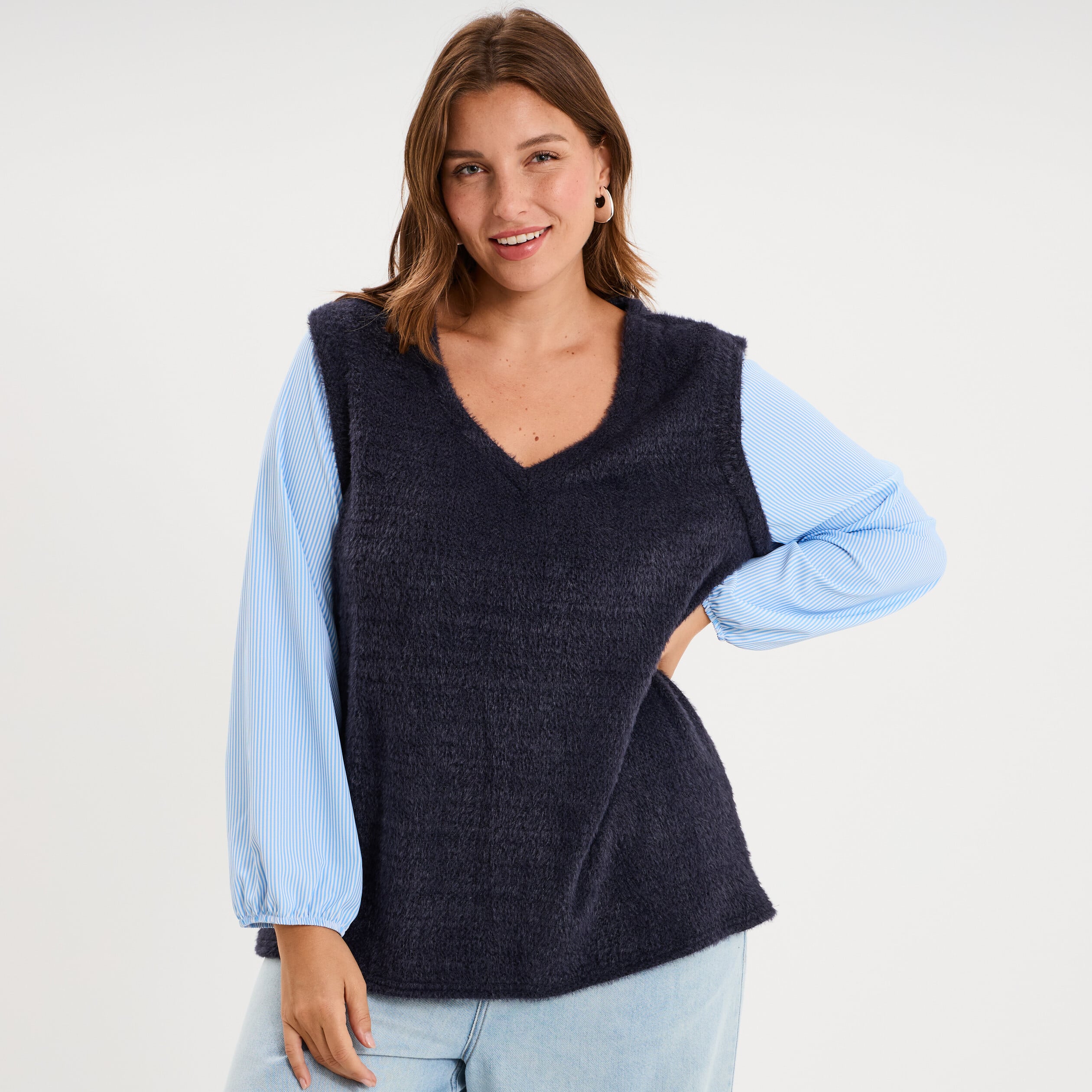 Pull effet 2-en-1 droit manches longues bleu marine femme grande taille
