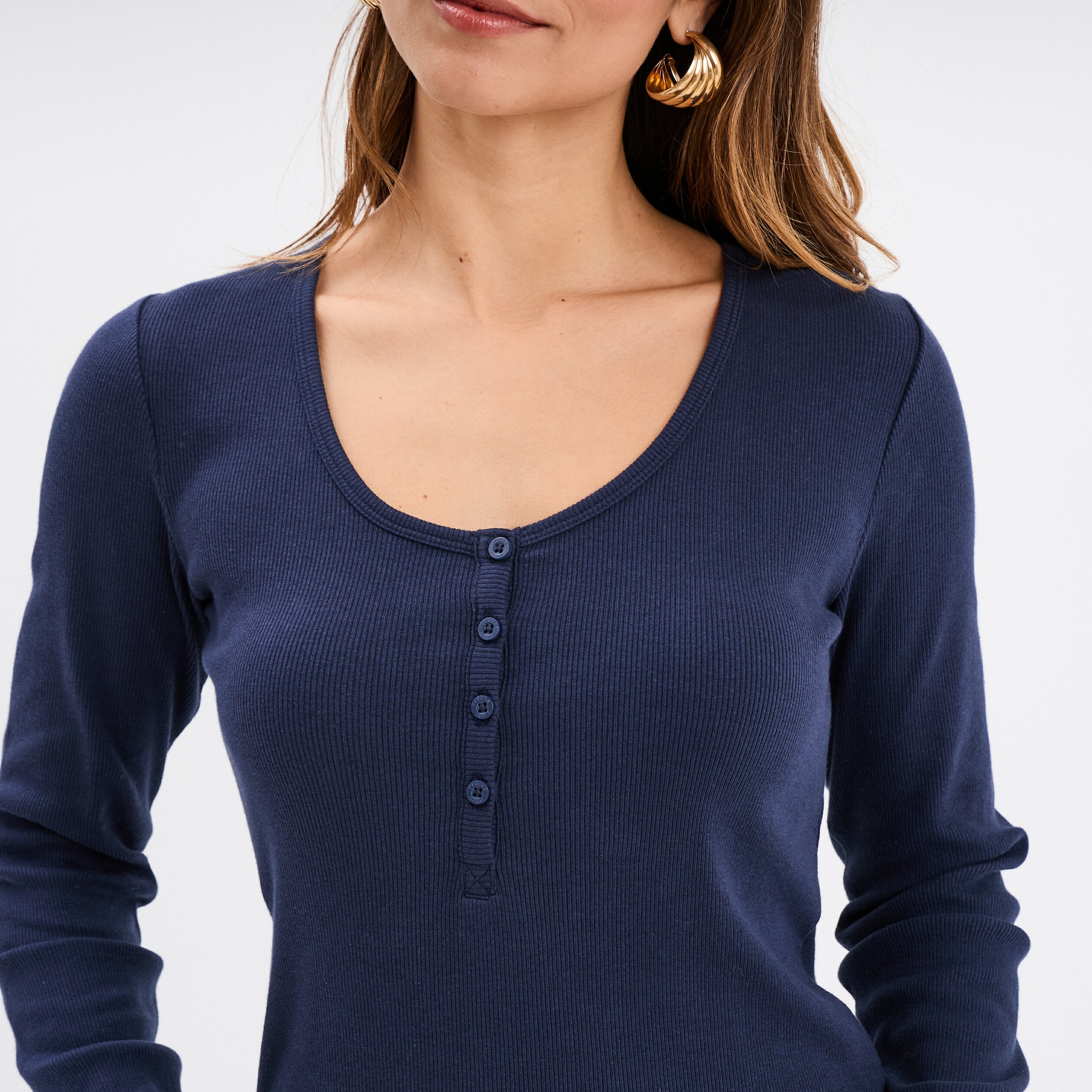 t shirt ajuste col tunisien jersey coton bleu marine femme T-shirt ajusté col tunisien jersey coton bleu marine femme
