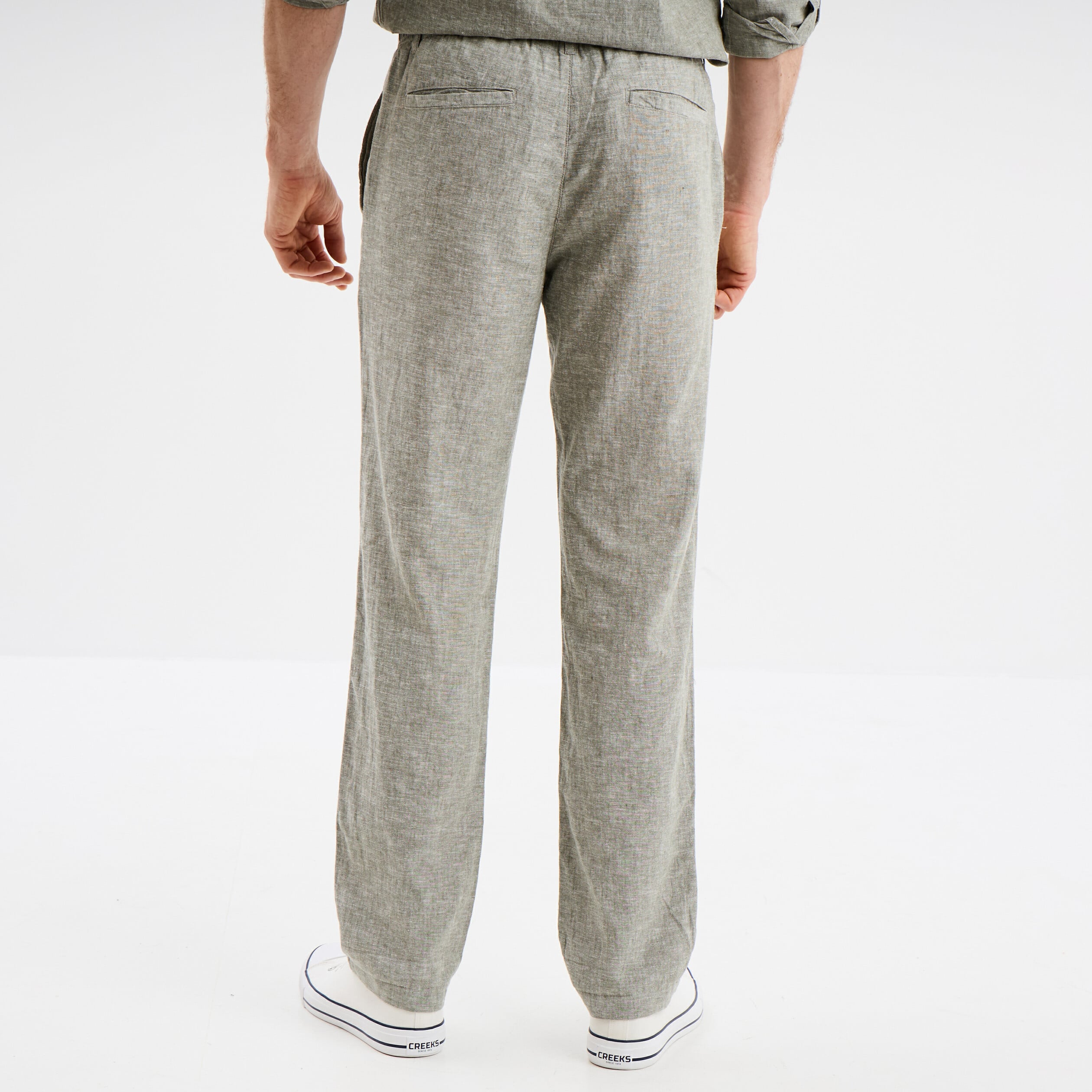 Pantalon chino droit lin m&eacute;lang&eacute; vert kaki homme