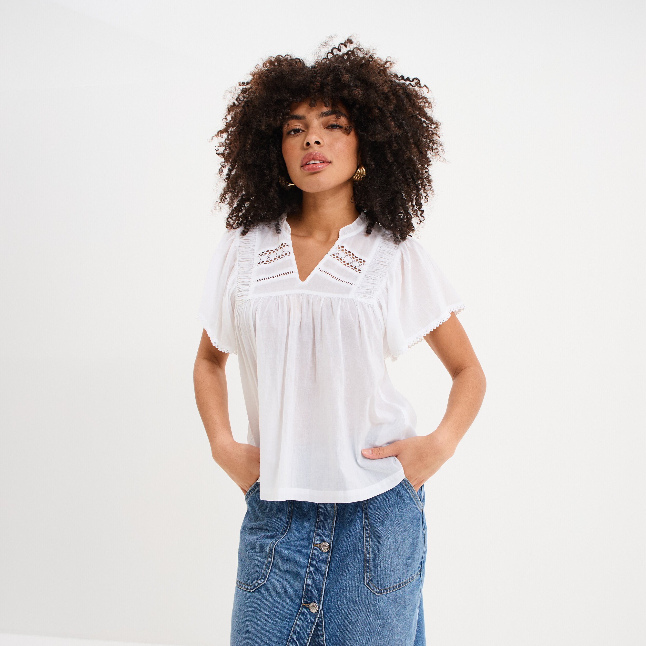 Blouse fluide l&eacute;g&egrave;re avec volants coton blanc femme
