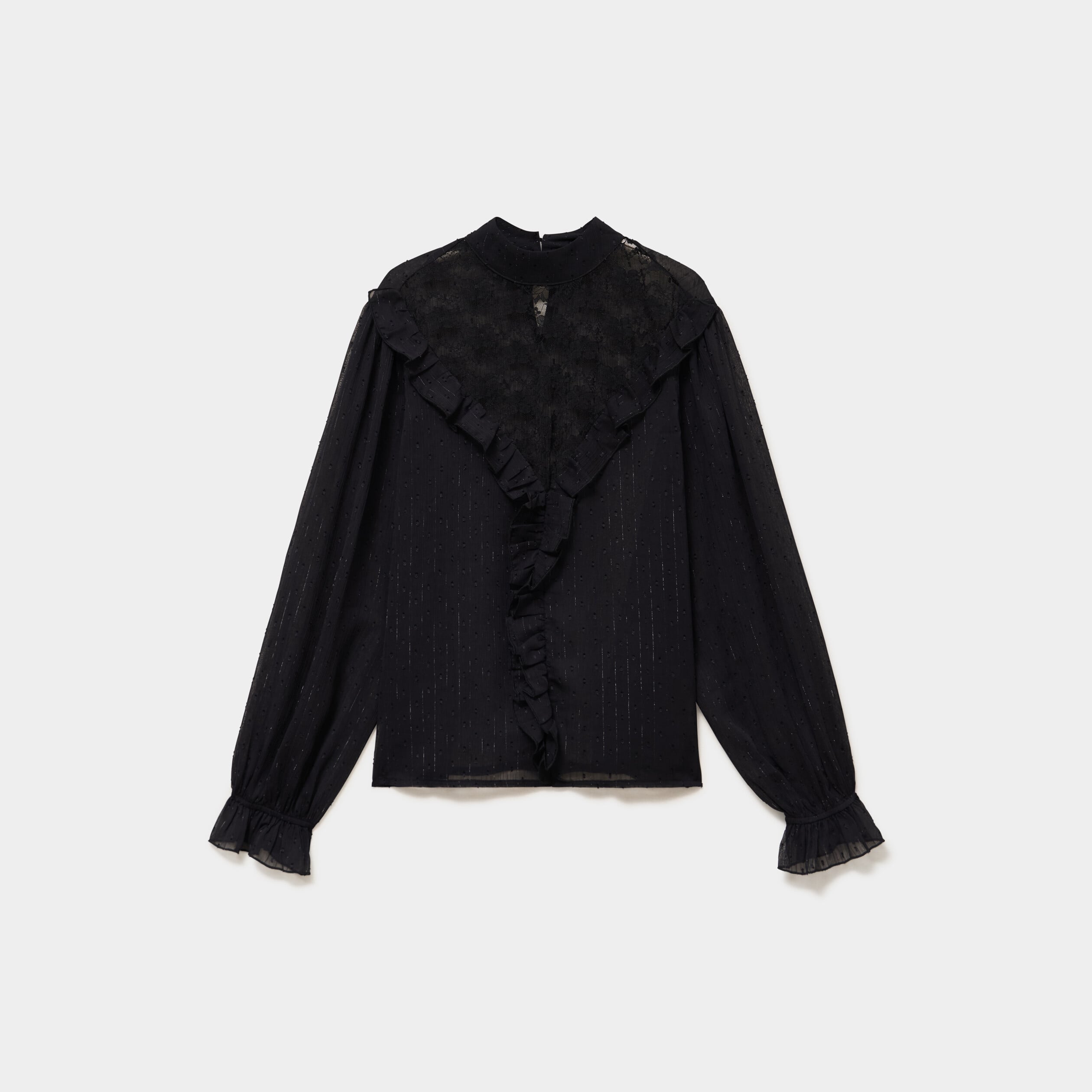 Blouse droite dentelle et volants noir femme