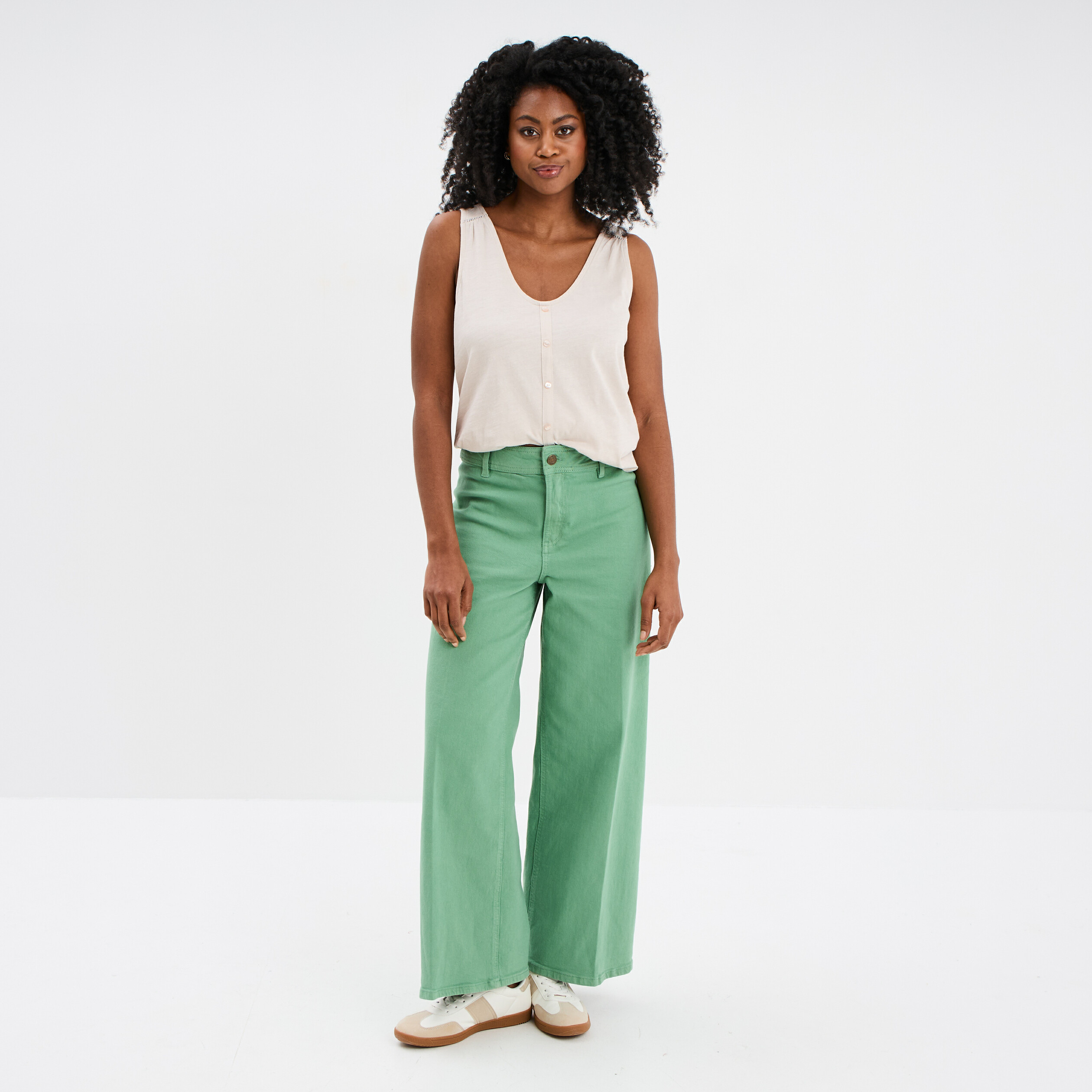 Pantalon flare 7/8ème taille haute coton vert menthe femme