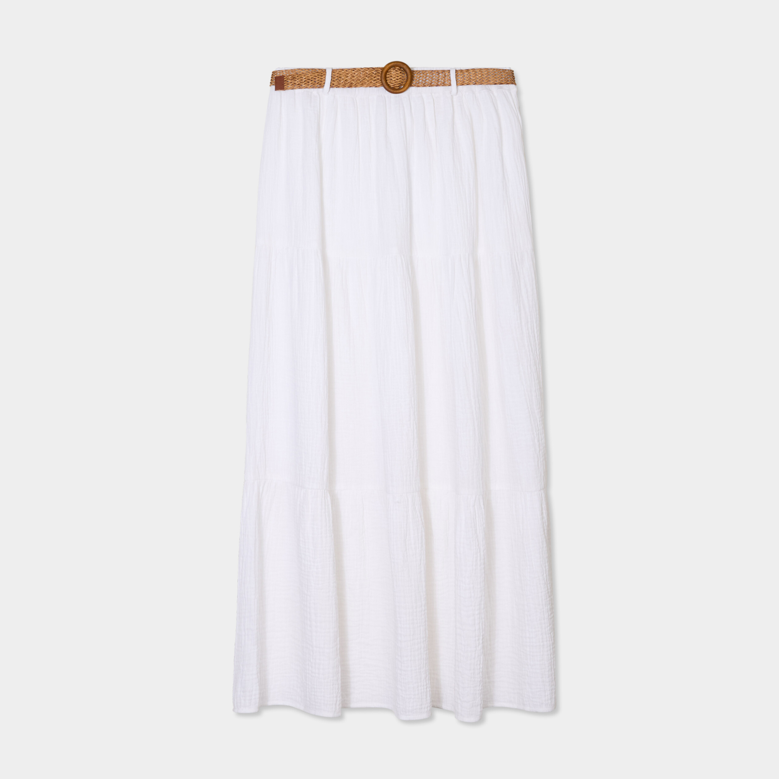 Jupe longue gaze de coton ceintur&eacute;e blanc femme