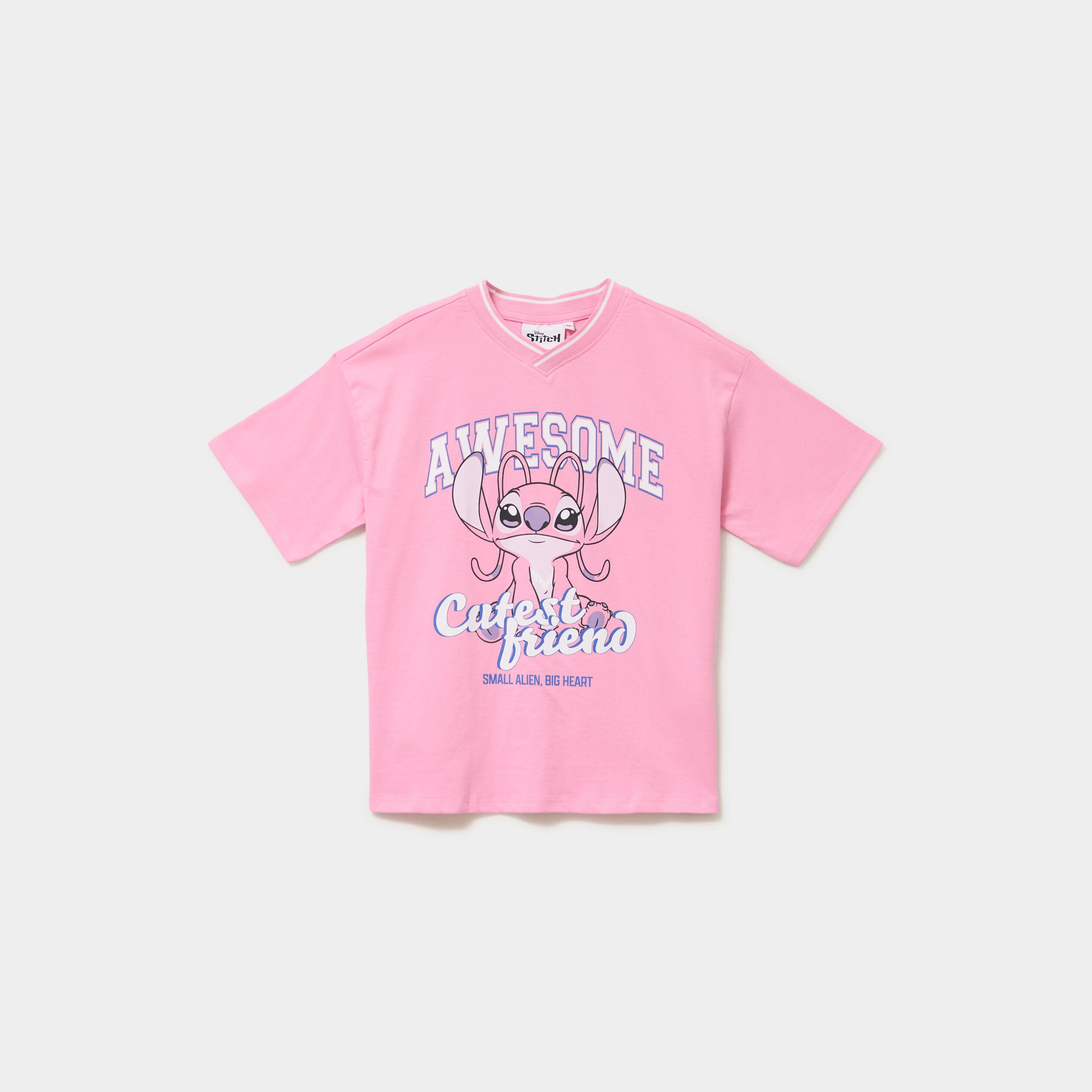 T-shirt col en V coton Stitch rose fluo fille