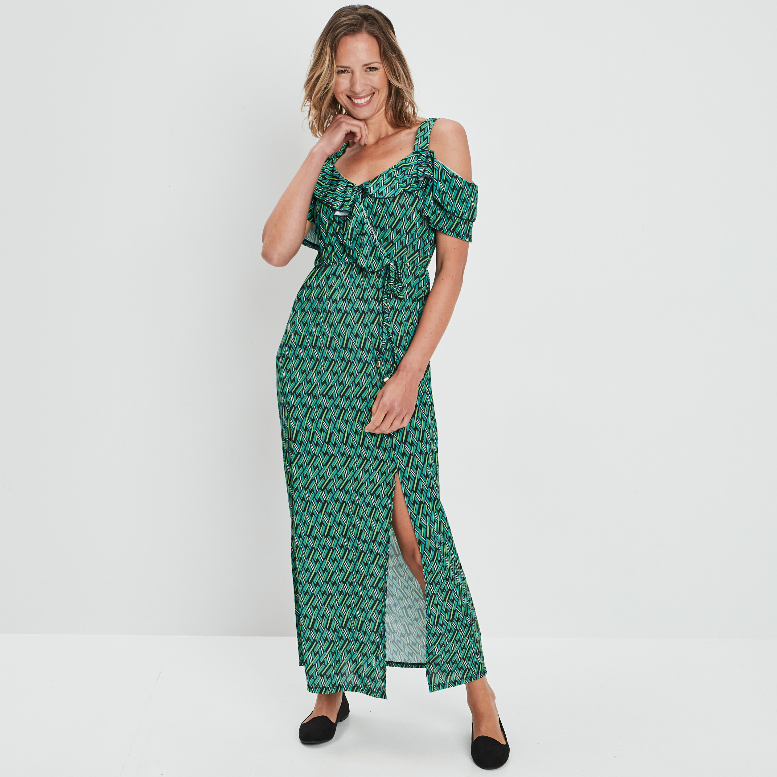 Robe longue droite à volants vert femme