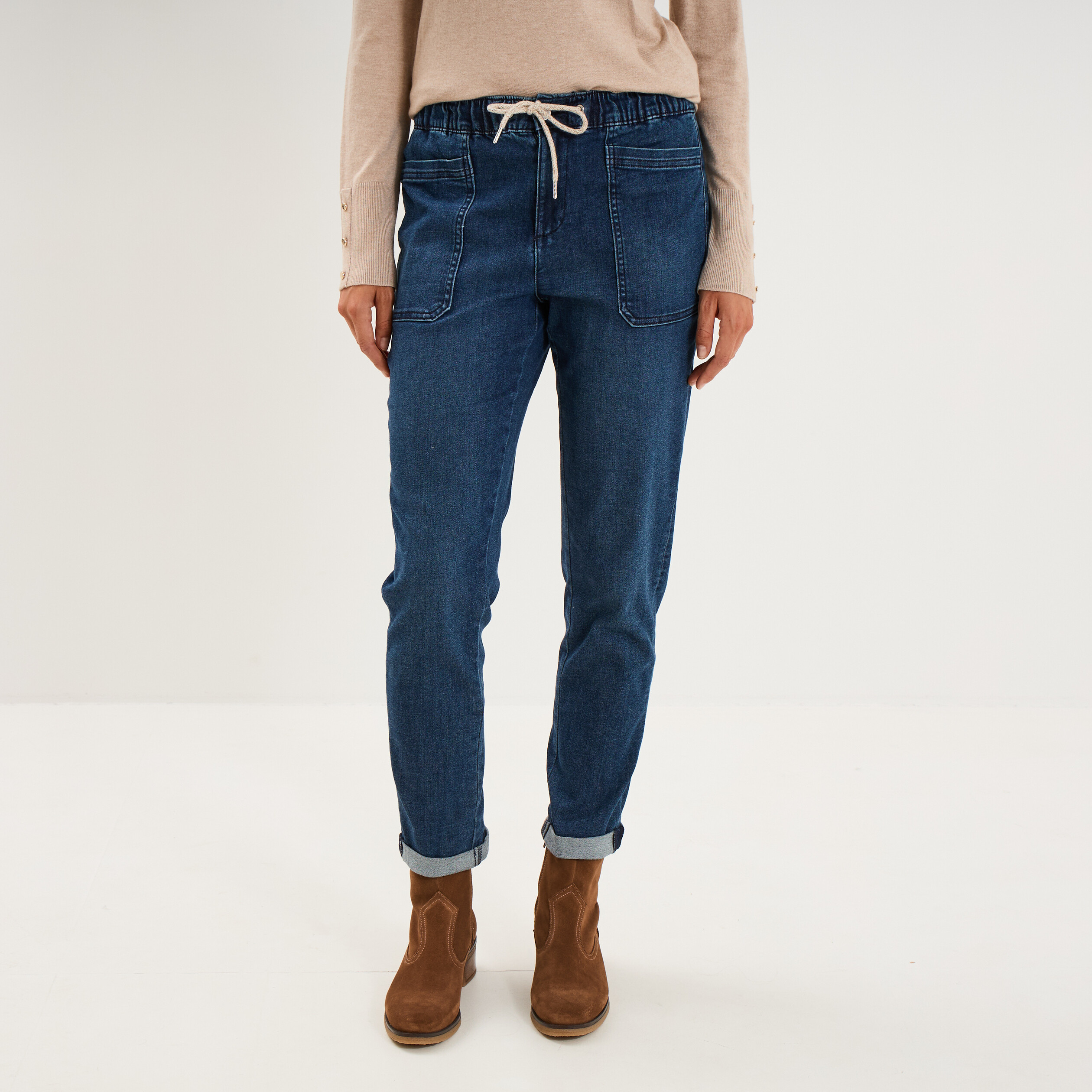 Jeans droit cropped taille &eacute;lastiqu&eacute;e bleu femme