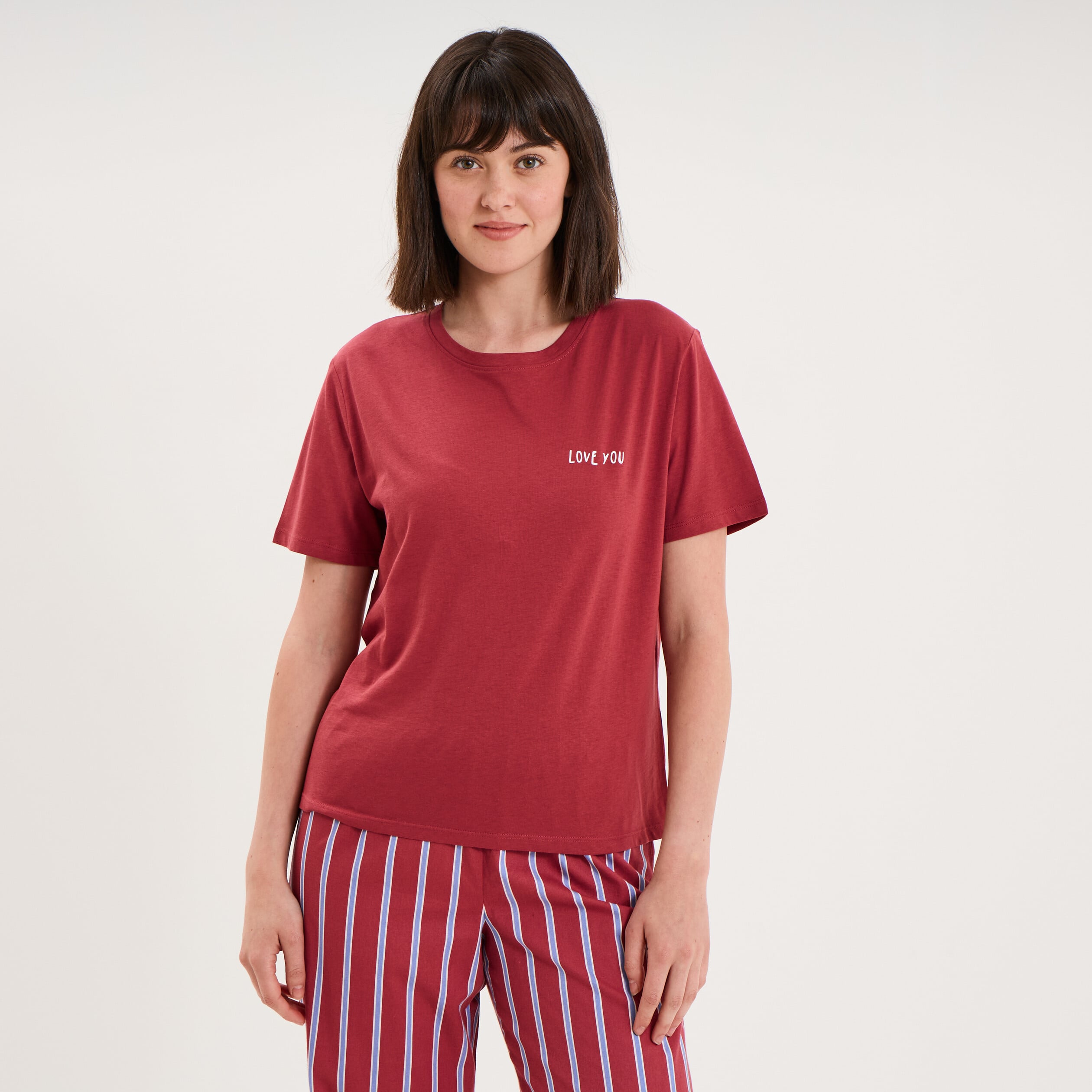 T-shirt col rond manches courtes coton rouge fonc&eacute; femme