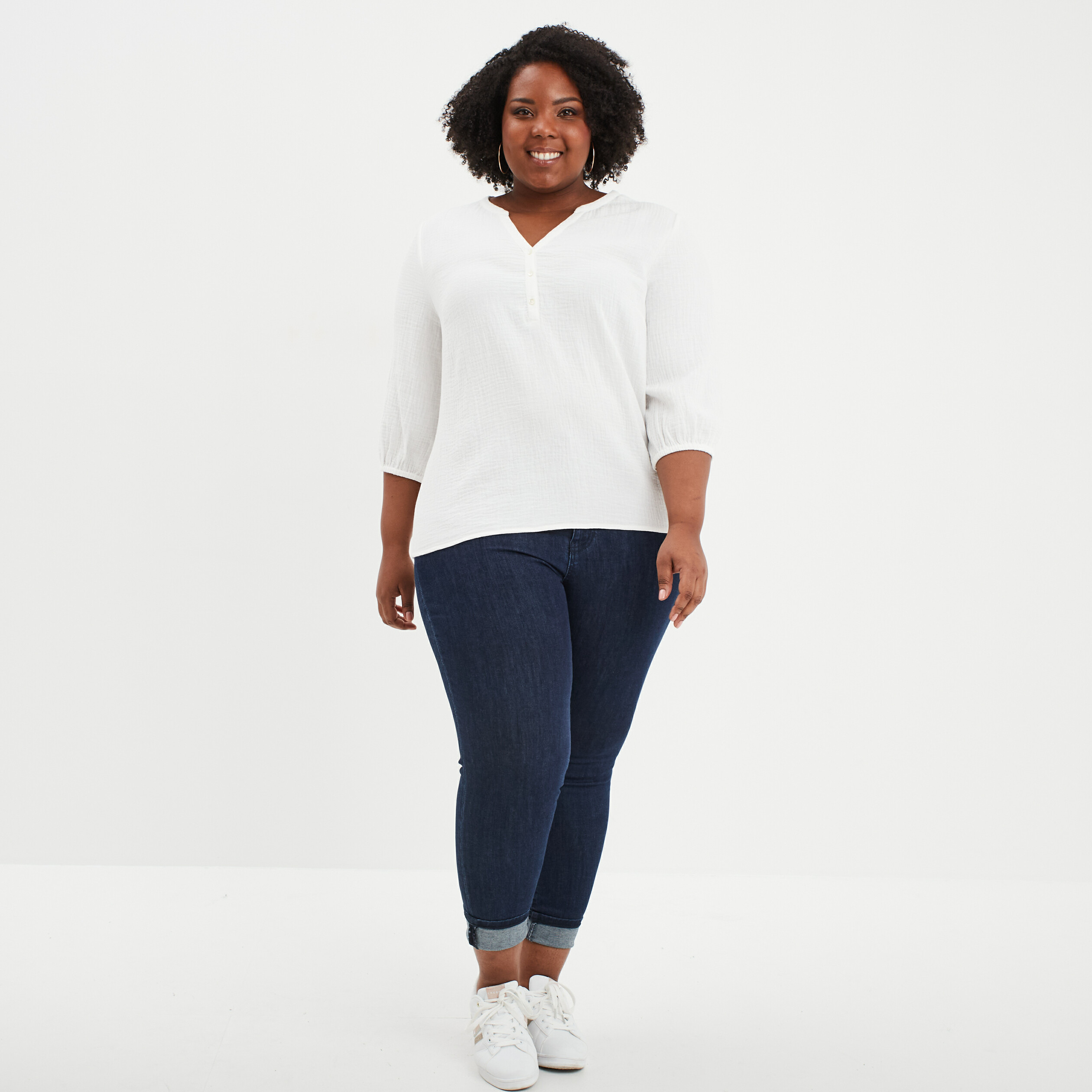 blouse manches 34 gaze de coton blanc femmegt Blouse manches 3/4 gaze de coton blanc femme grande taille