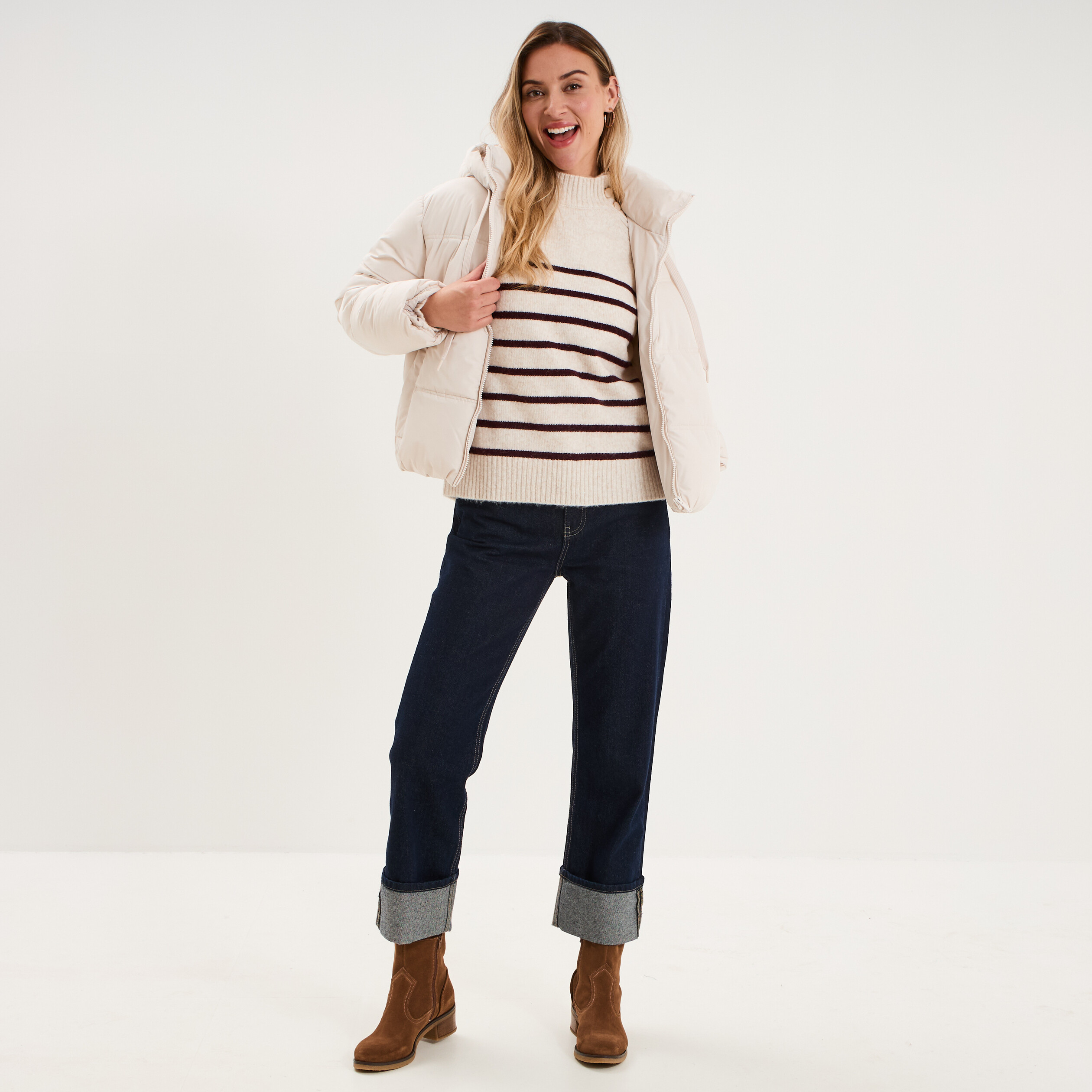 Pull col montant boutonn&eacute; ecru femme