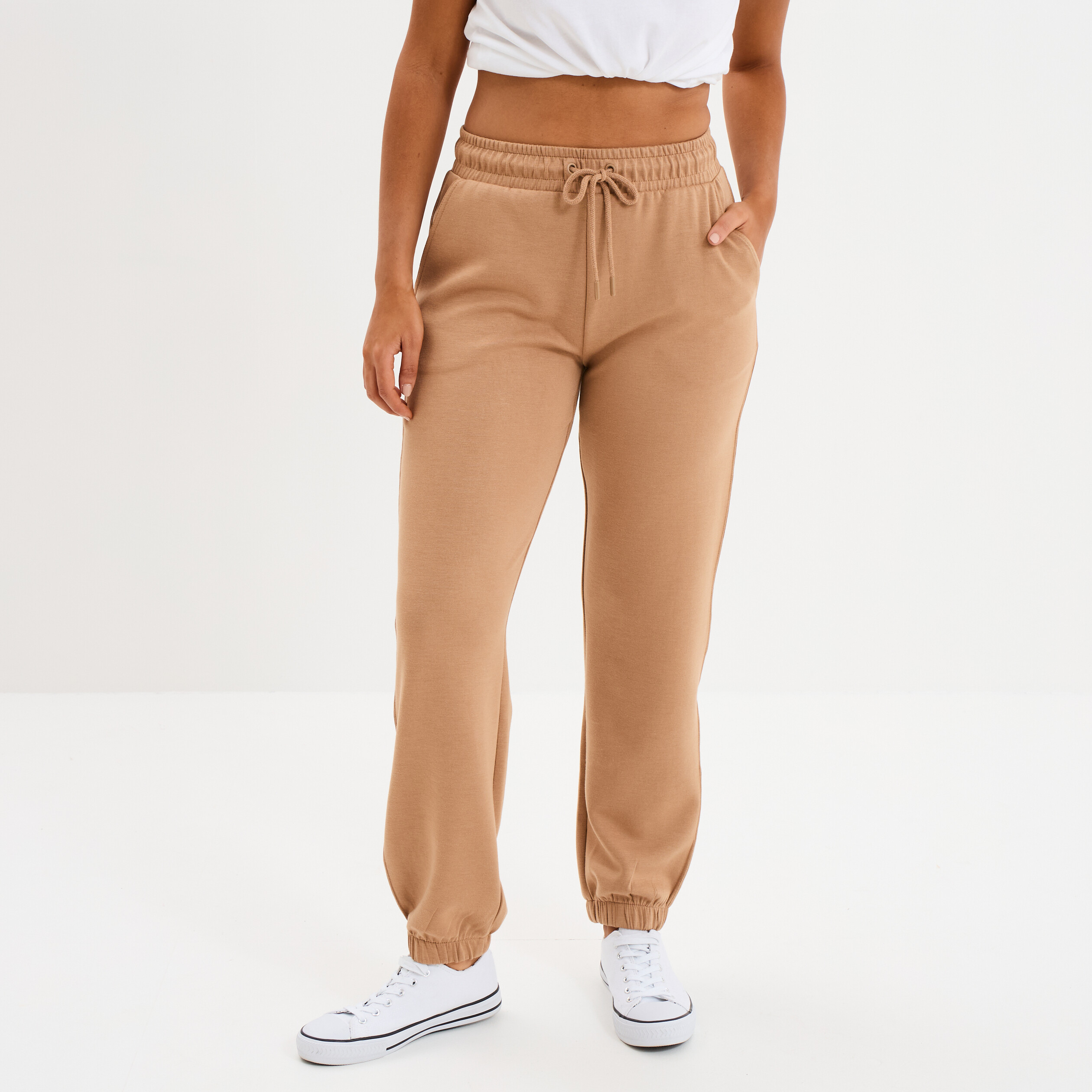 Pantalon de jogging large élastiqué taupe femme