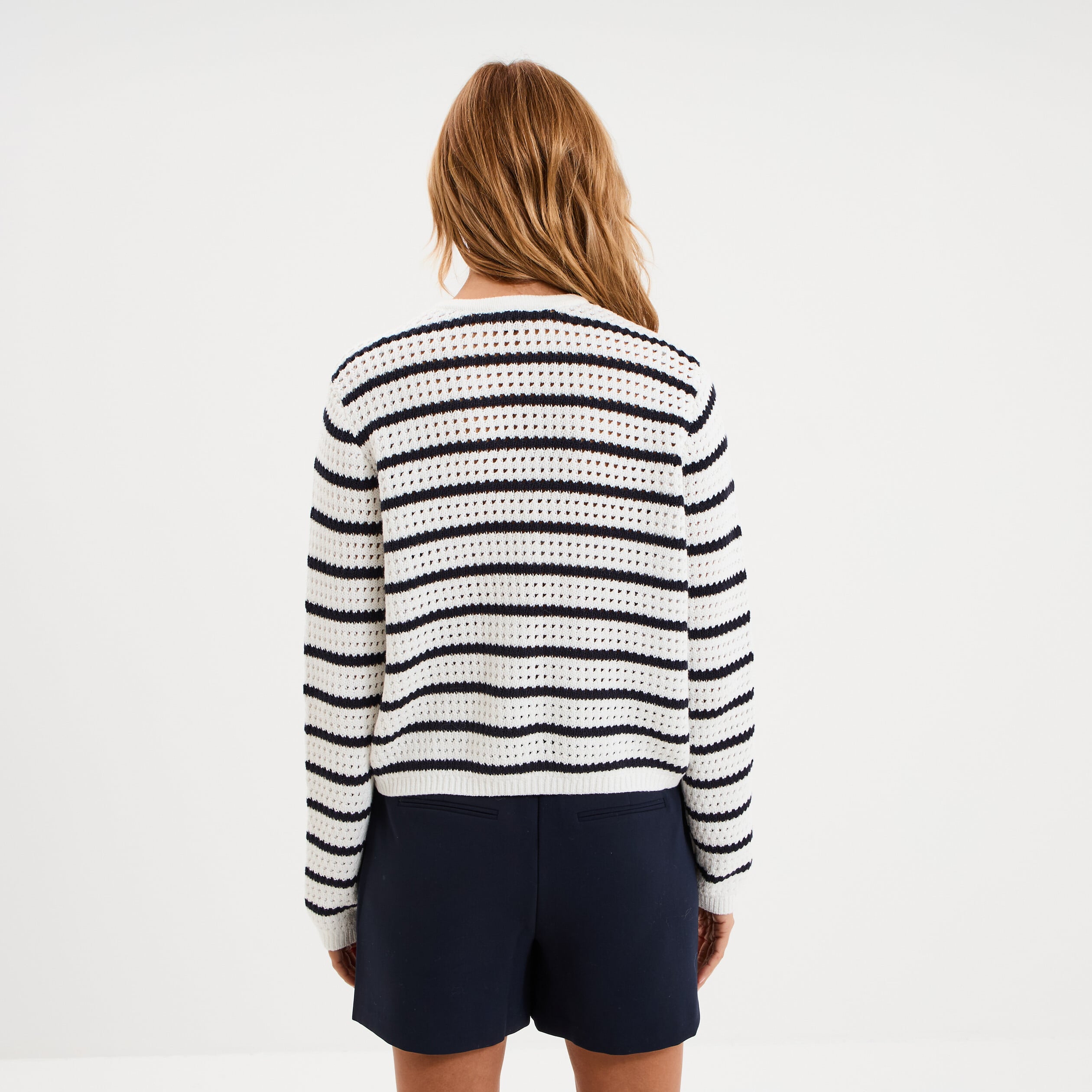 Gilet effet ajour&eacute; manches longues coton ecru femme